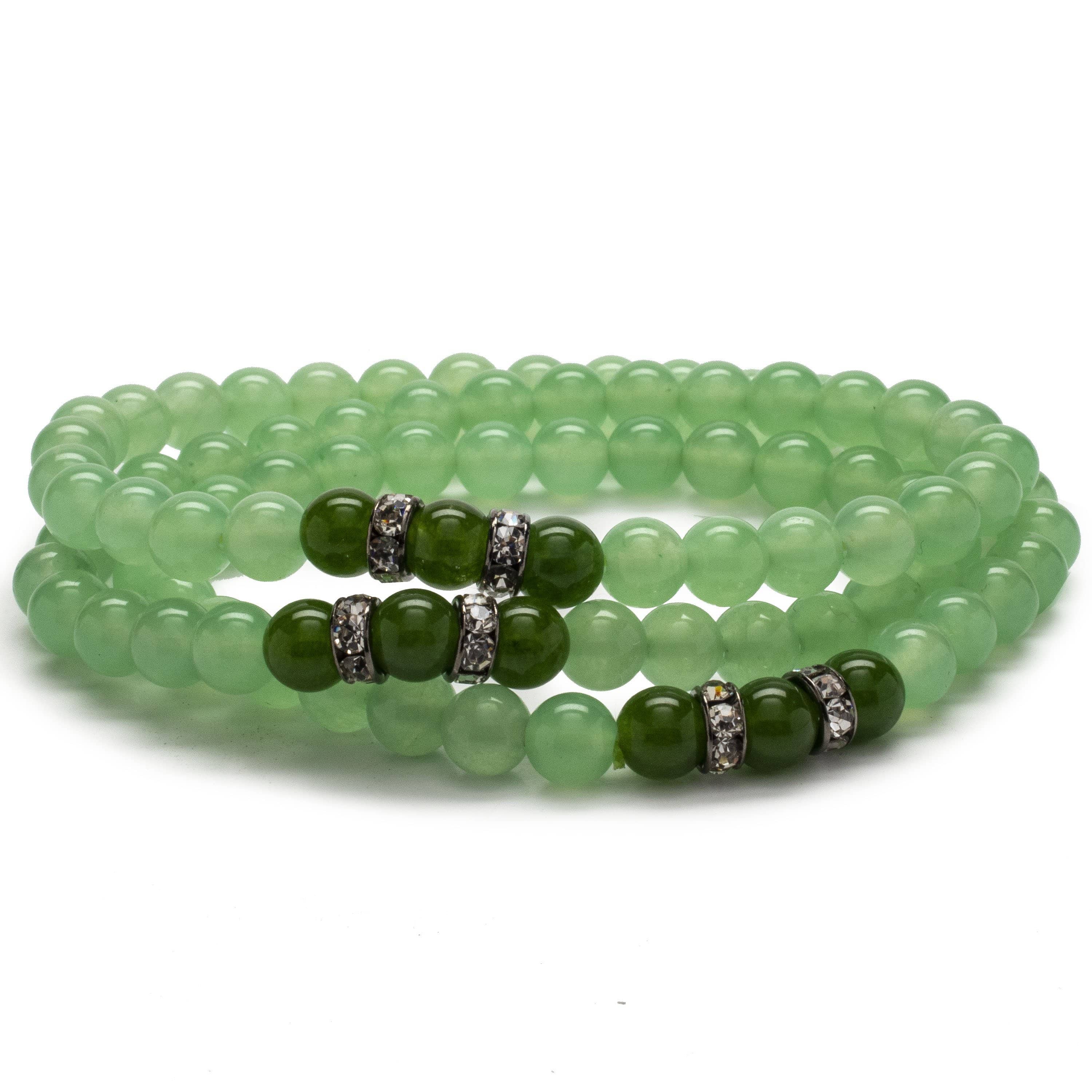 Kalifano Gemstone Bracelets Aventurine 6mm Gemstone Beads Triple Wrap Elastic Braceletwith Crystal Accent Beads WHITE-BGI3-013