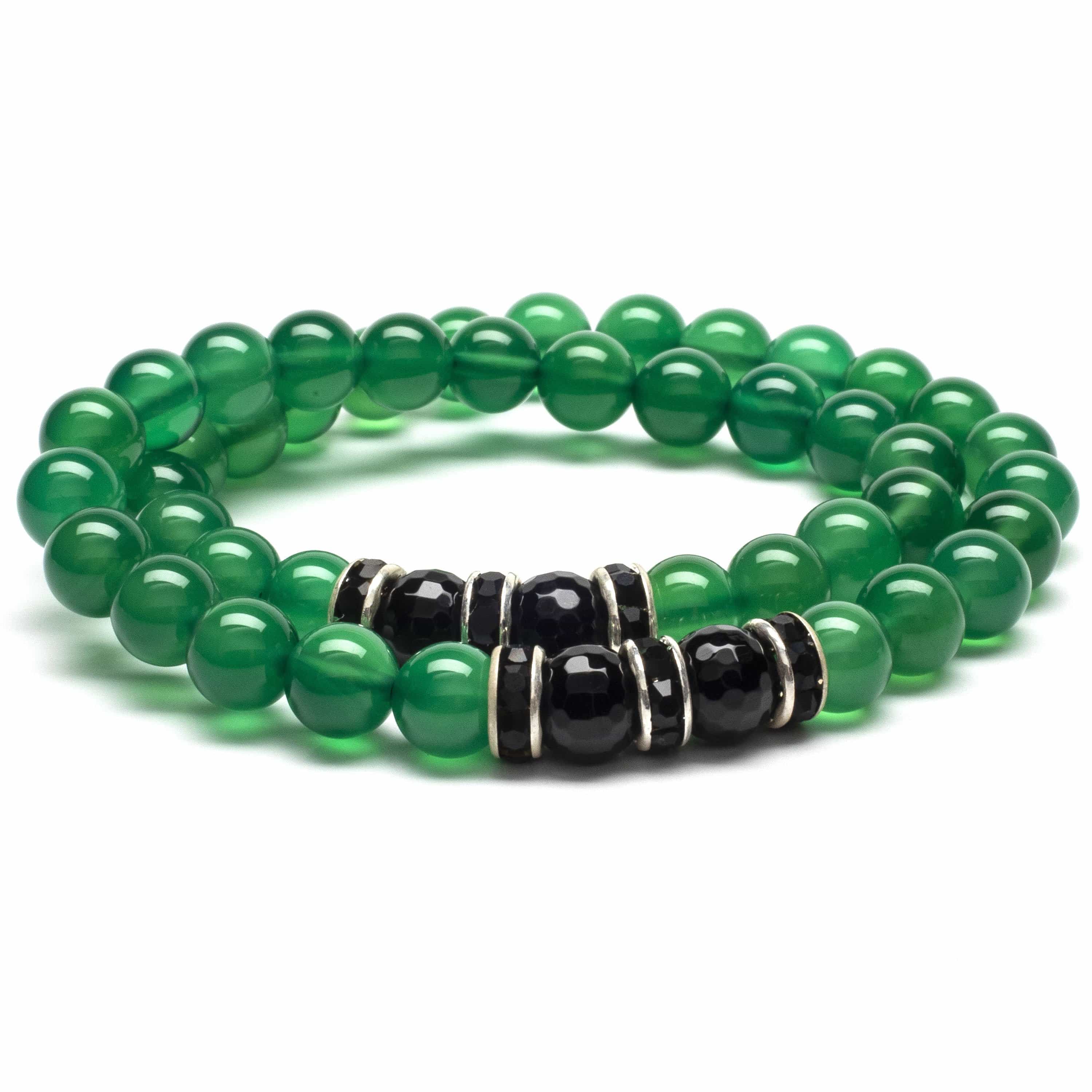 Kalifano Gemstone Bracelets Aventurine 8mm Beads with Black Agate and Black and Silver Accent Beads Double Wrap Elastic Gemstone Bracelet WHITE-BGI2-020