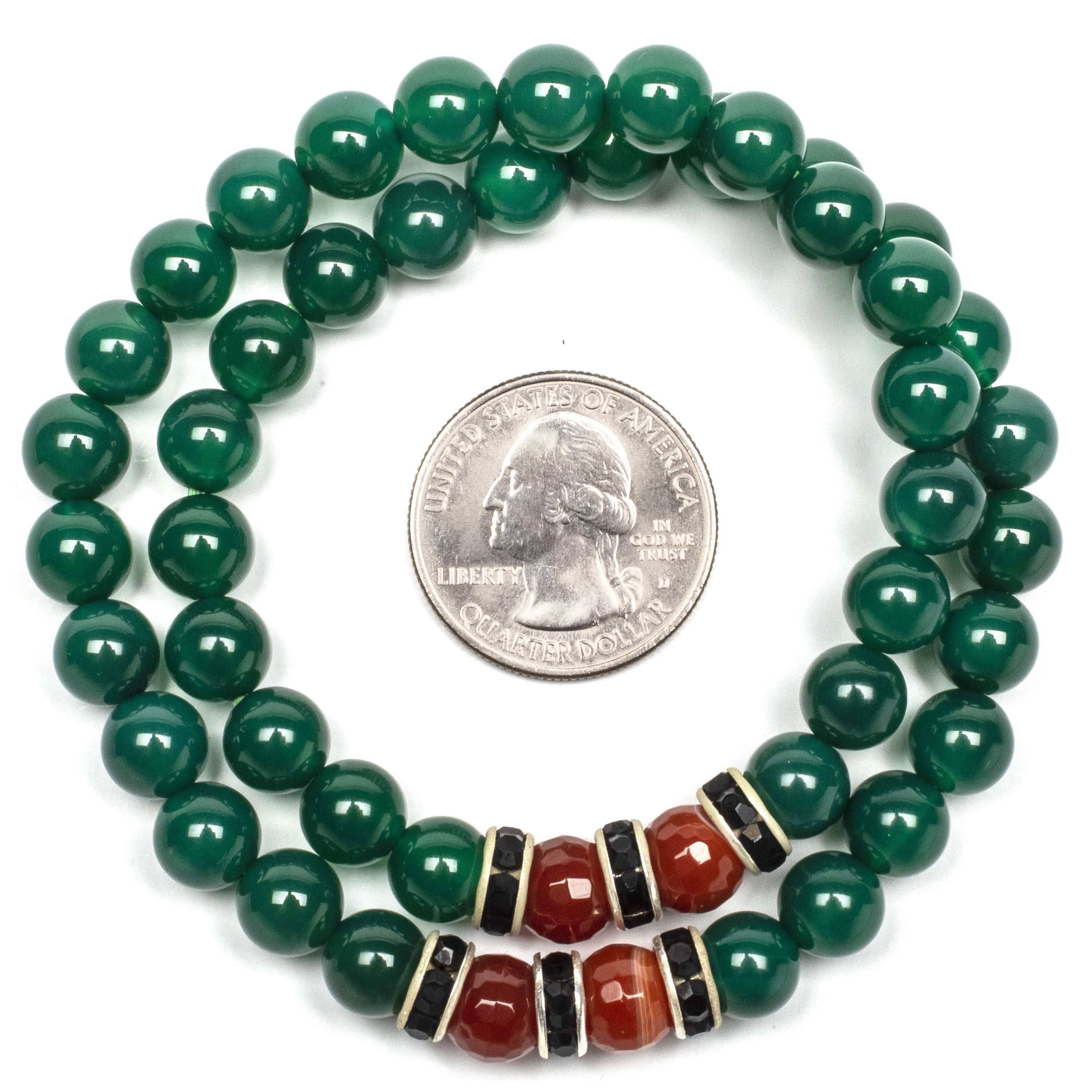 Kalifano Gemstone Bracelets Aventurine  8mm Beads with Carnellian and Black and Silver Accent Beads Double Wrap Elastic Gemstone Bracelet WHITE-BGI2-021