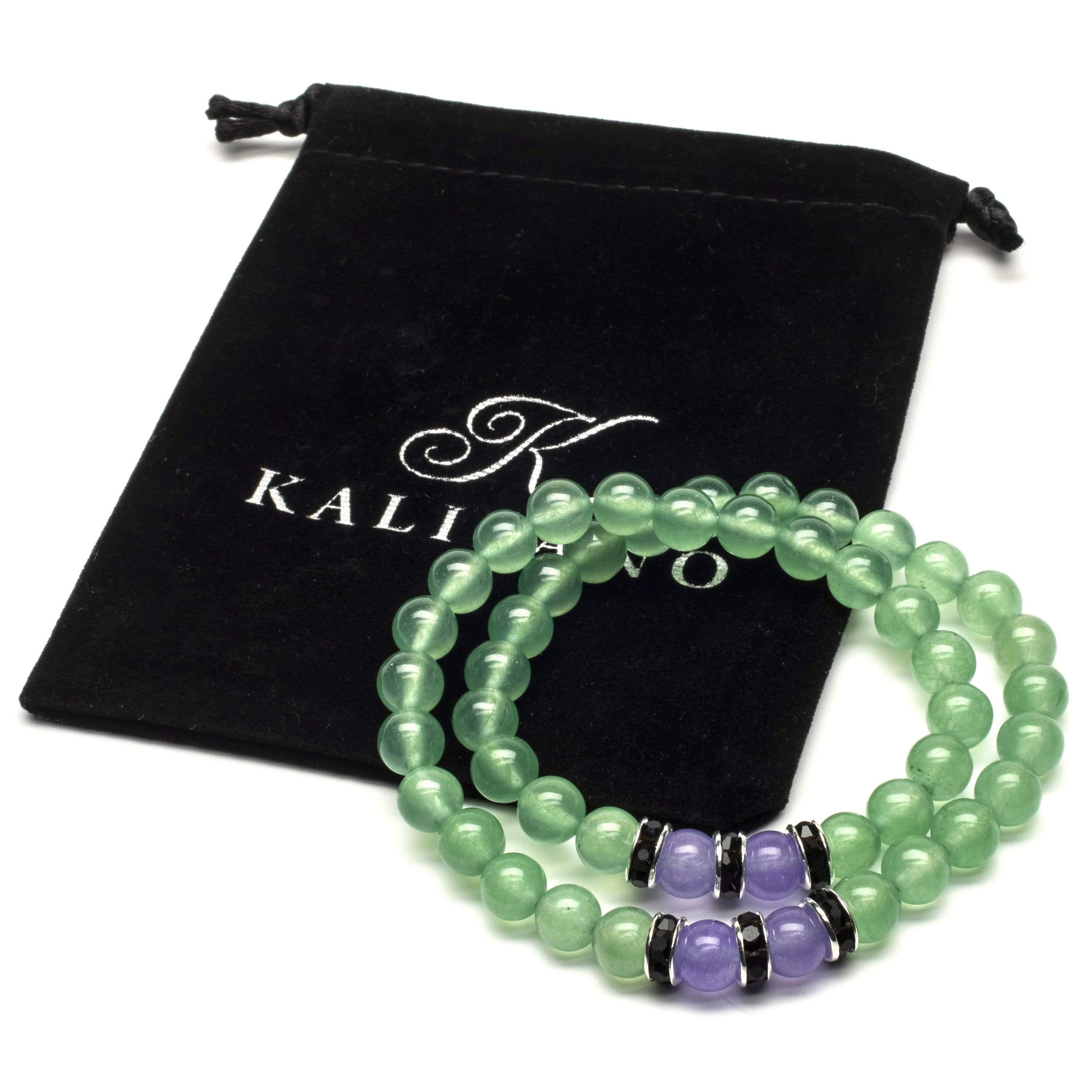 Kalifano Gemstone Bracelets Aventurine 8mm Beads with Purple Agate and Black and Silver Accent Beads Double Wrap Elastic Gemstone Bracelet WHITE-BGI2-022