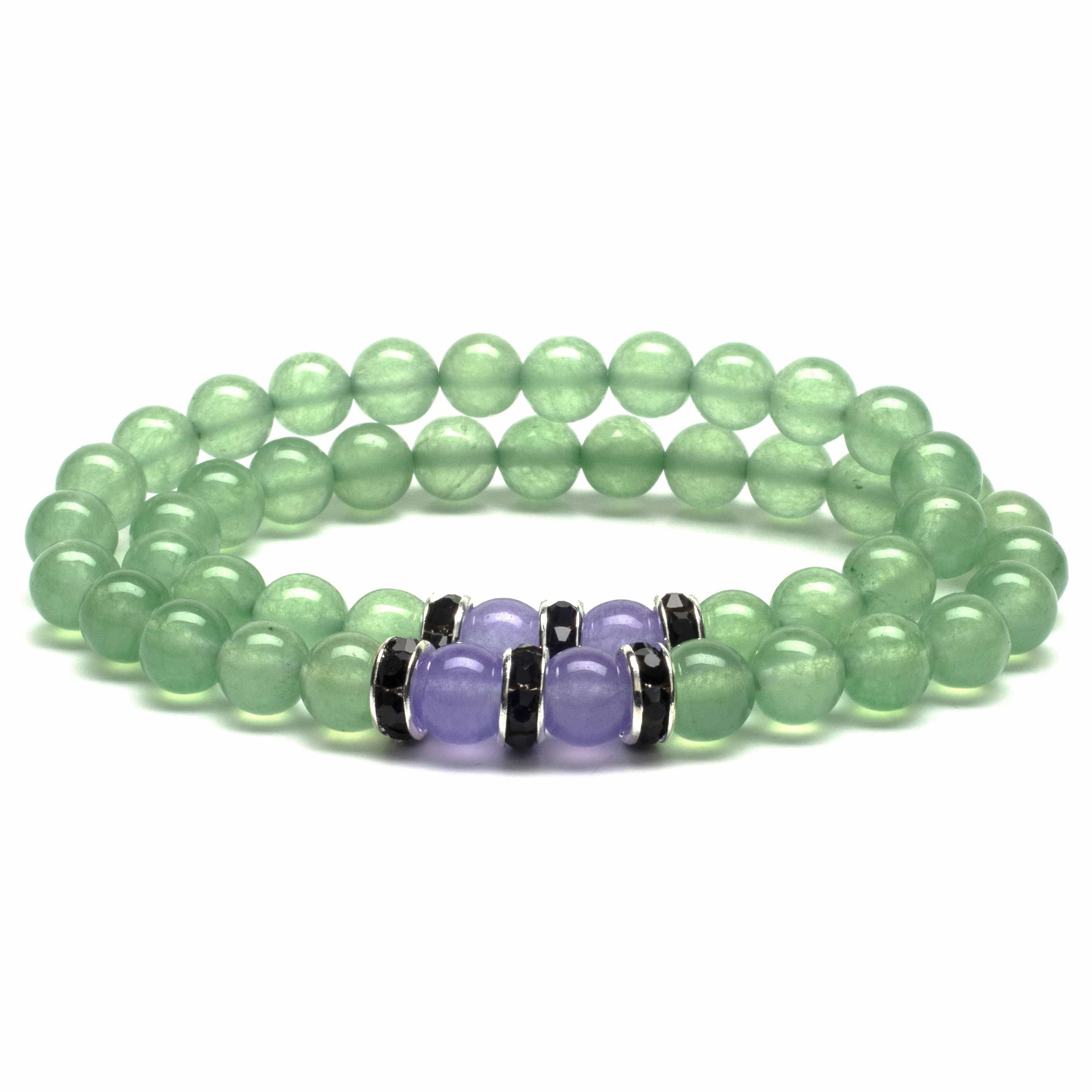 Kalifano Gemstone Bracelets Aventurine 8mm Beads with Purple Agate and Black and Silver Accent Beads Double Wrap Elastic Gemstone Bracelet WHITE-BGI2-022