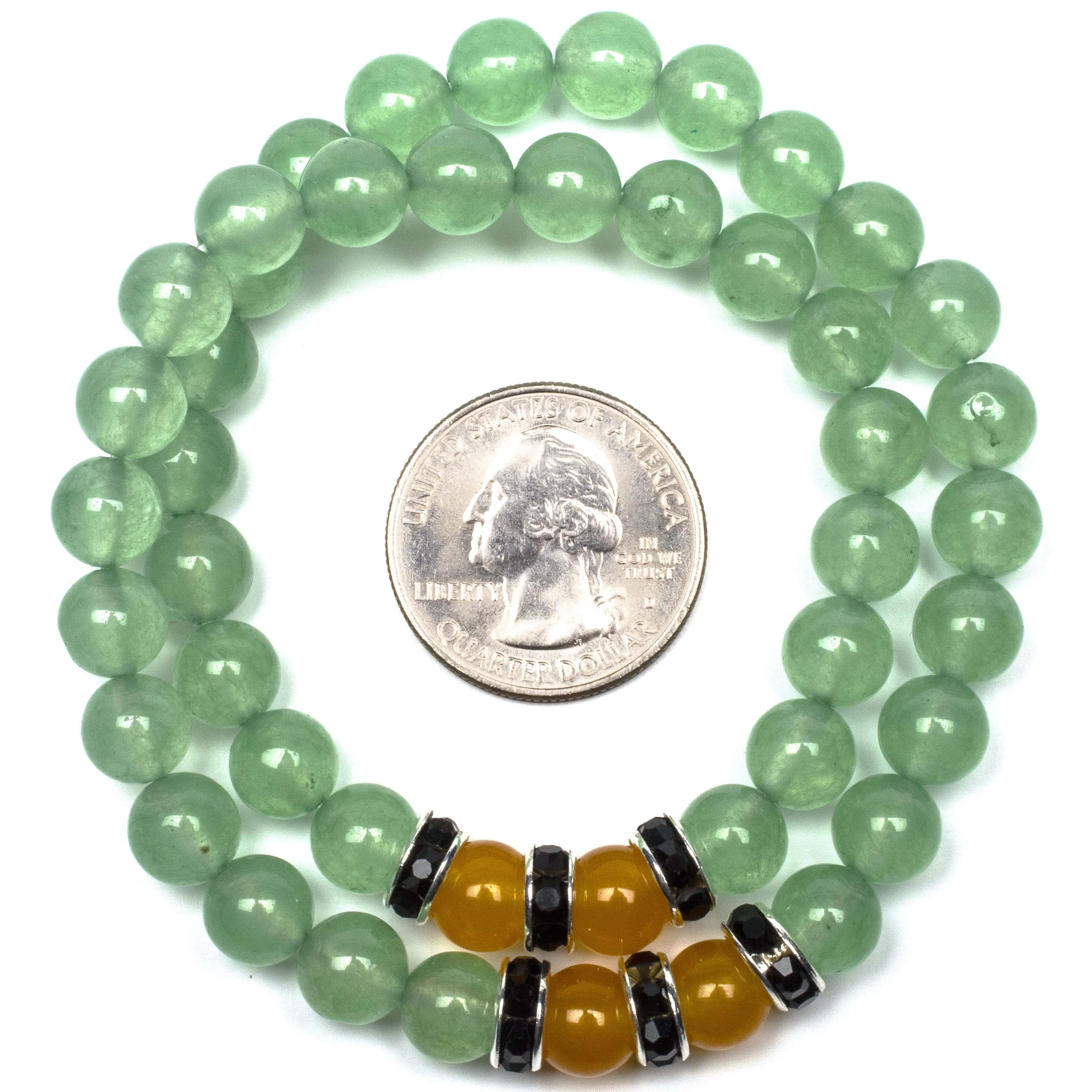 Kalifano Gemstone Bracelets Aventurine 8mm Beads with Yellow Agate and Black and Silver Accent Beads Double Wrap Elastic Gemstone Bracelet WHITE-BGI2-023