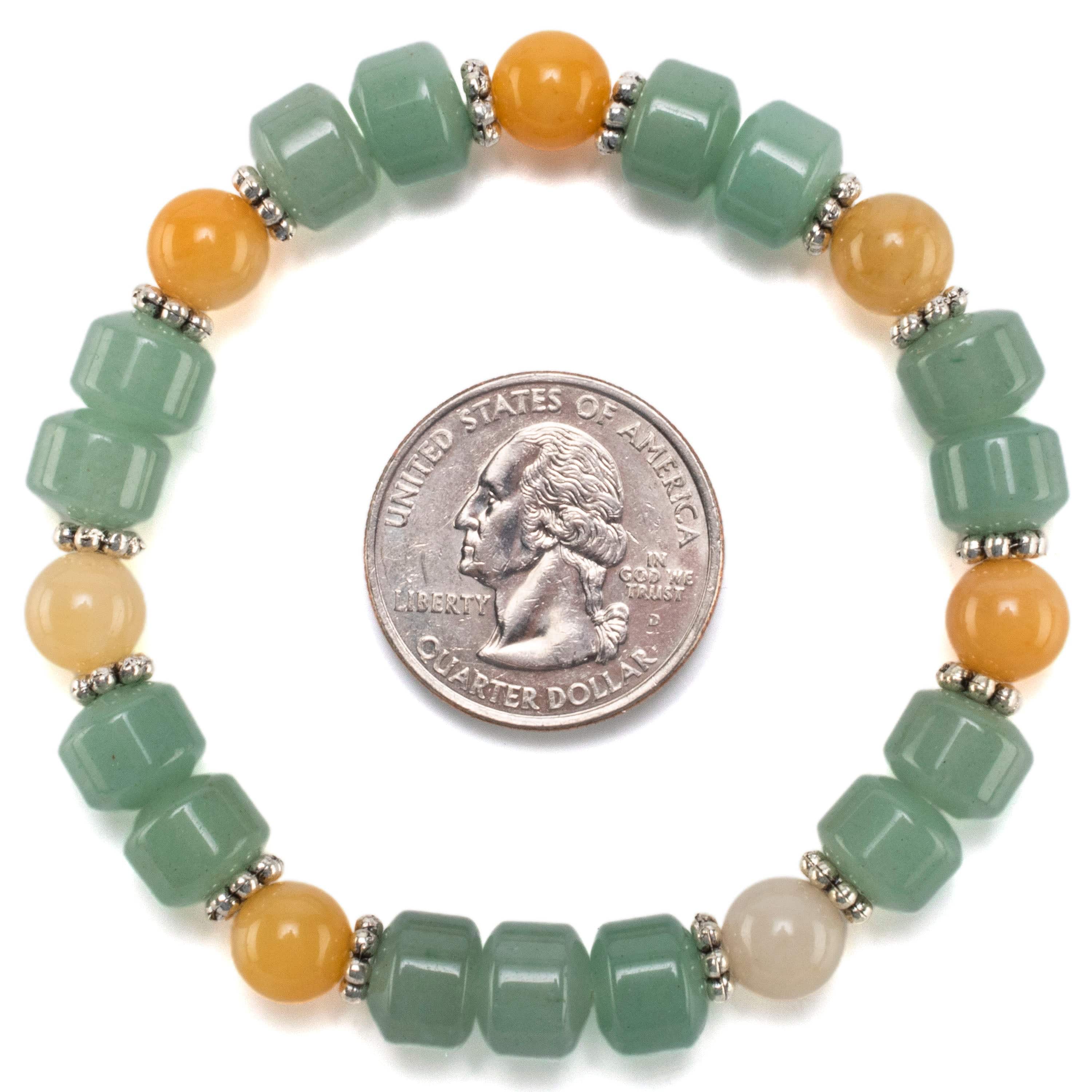 Kalifano Gemstone Bracelets Aventurine Wheel Shaped Bead and Round Butter Jade with Crystal Accent Beads Gemstone Elastic Bracelet BLUE-BGP-014