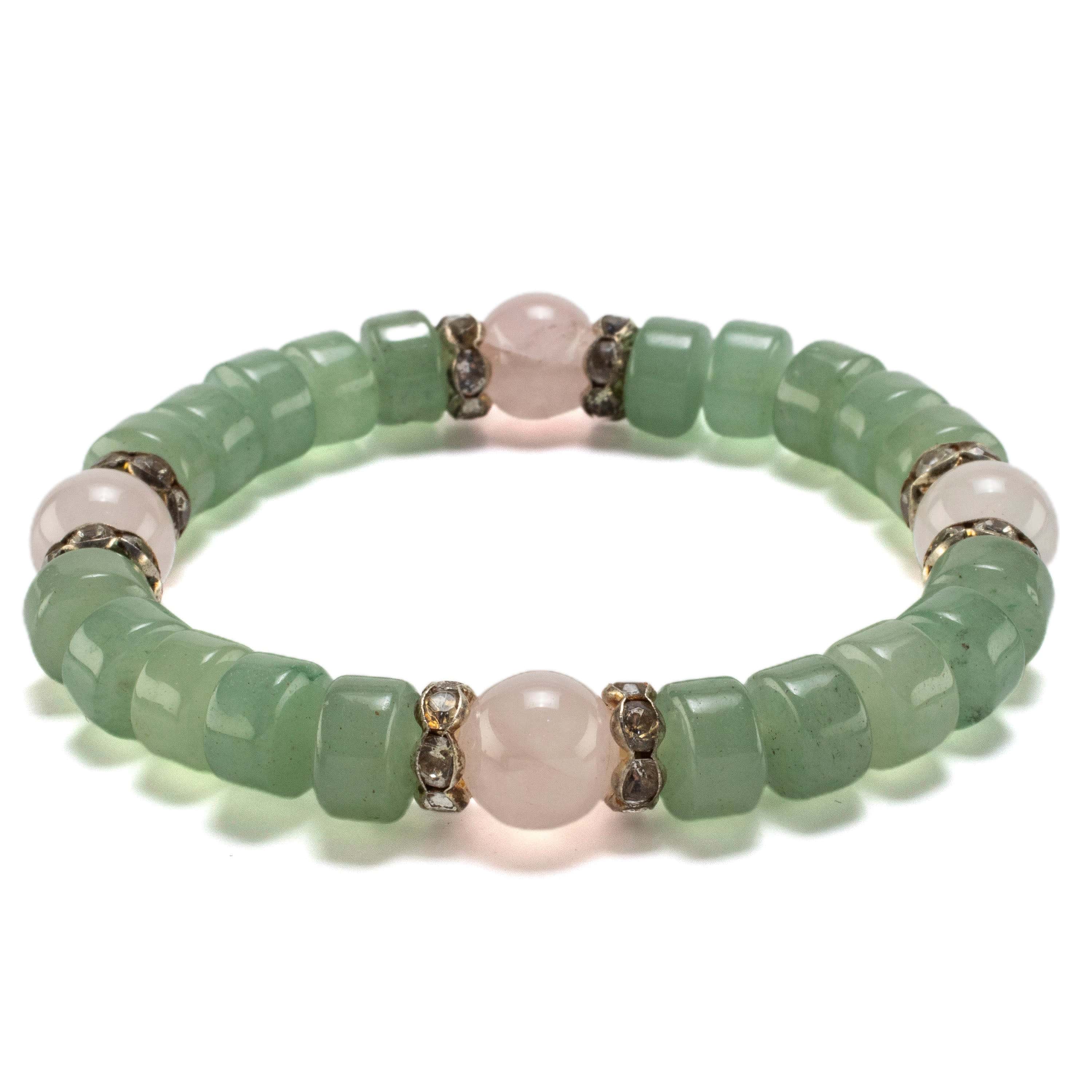 Kalifano Gemstone Bracelets Aventurine Wheel Shaped Beads and Round Rose Quartz with Crystal Accent Beads Gemstone Elastic Bracelet BLUE-BGP-035