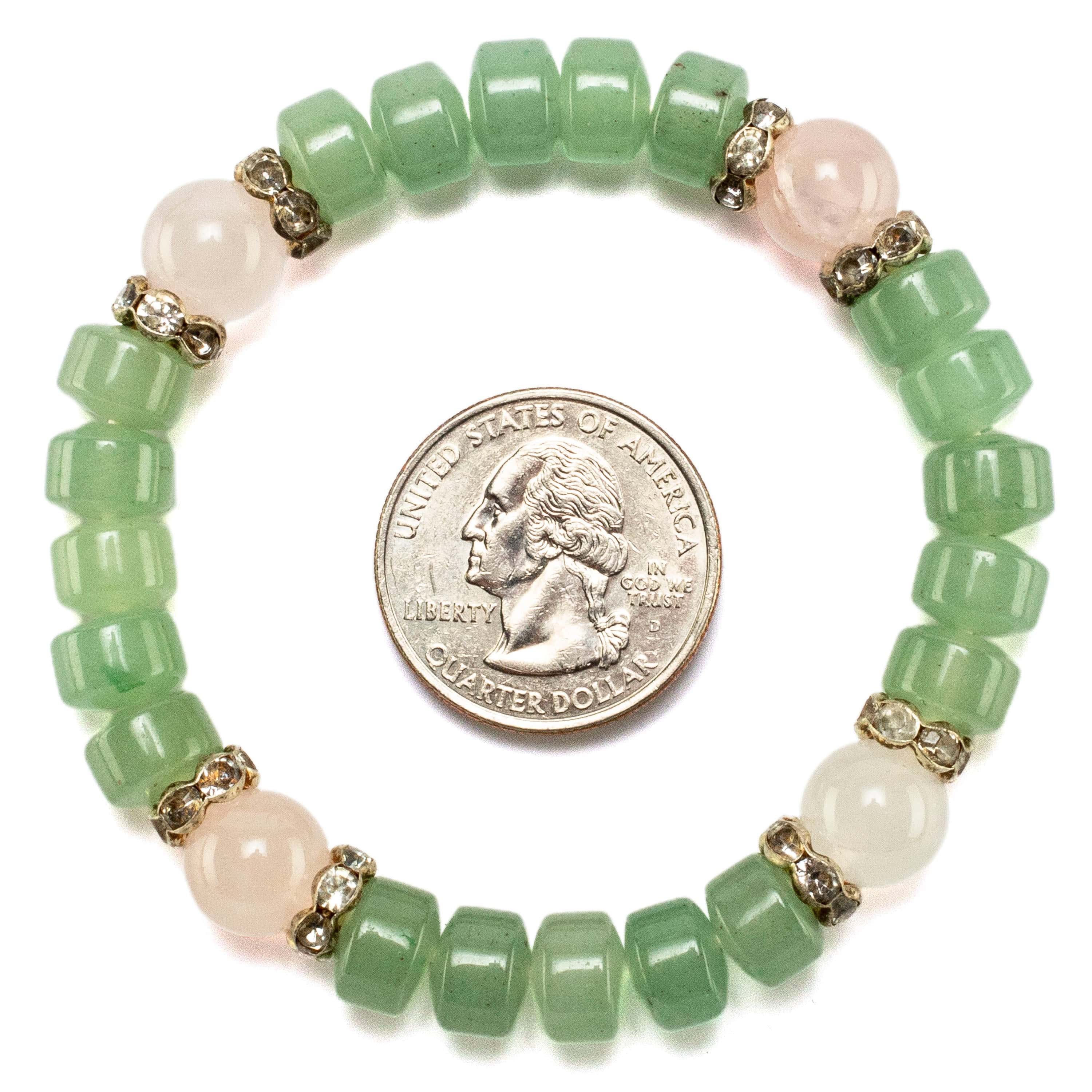 Kalifano Gemstone Bracelets Aventurine Wheel Shaped Beads and Round Rose Quartz with Crystal Accent Beads Gemstone Elastic Bracelet BLUE-BGP-035