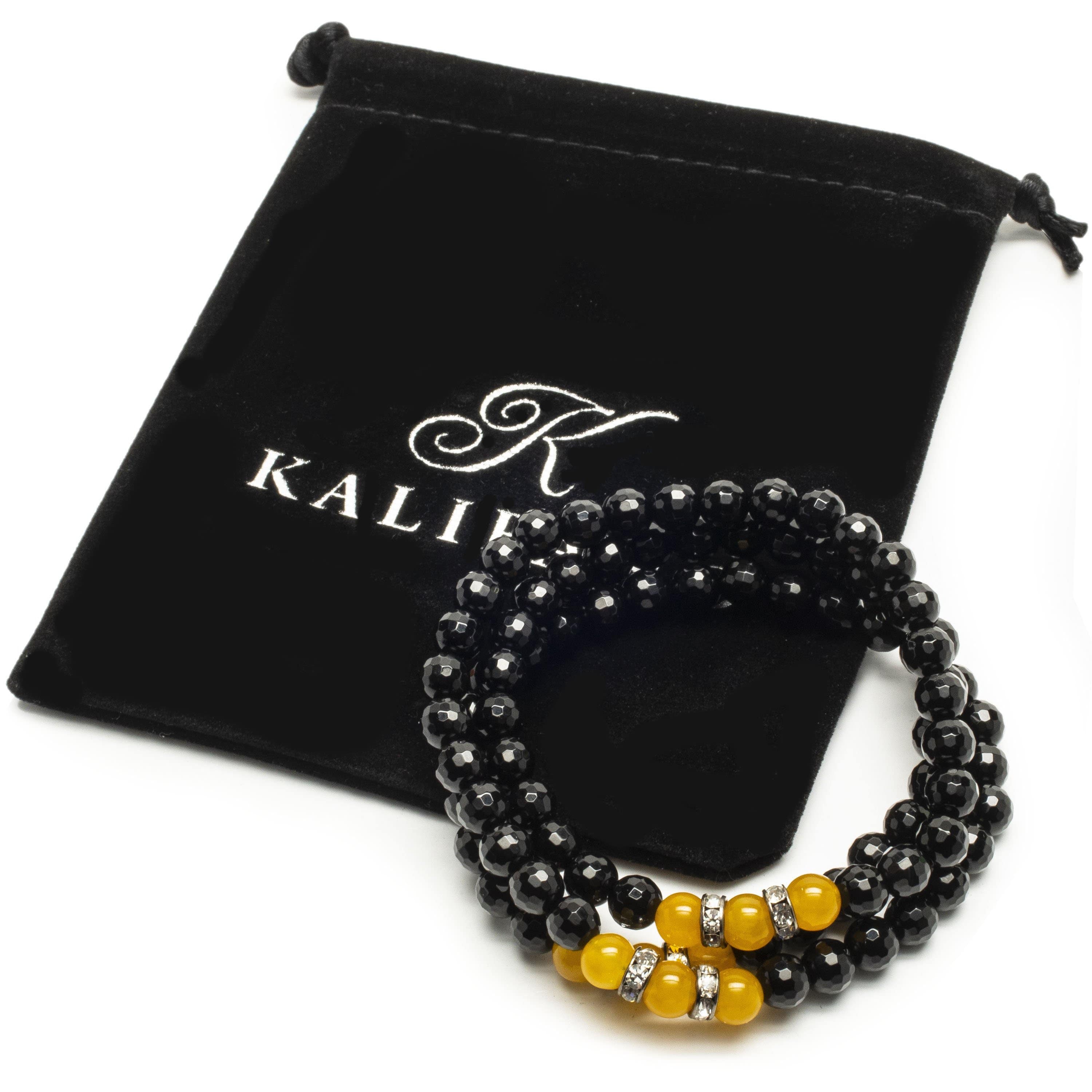 Kalifano Gemstone Bracelets Black Agate 6mm Beads with Yellow Agate and Silver Crystal Accent Beads Triple Wrap Elastic Gemstone Bracelet WHITE-BGI3-063