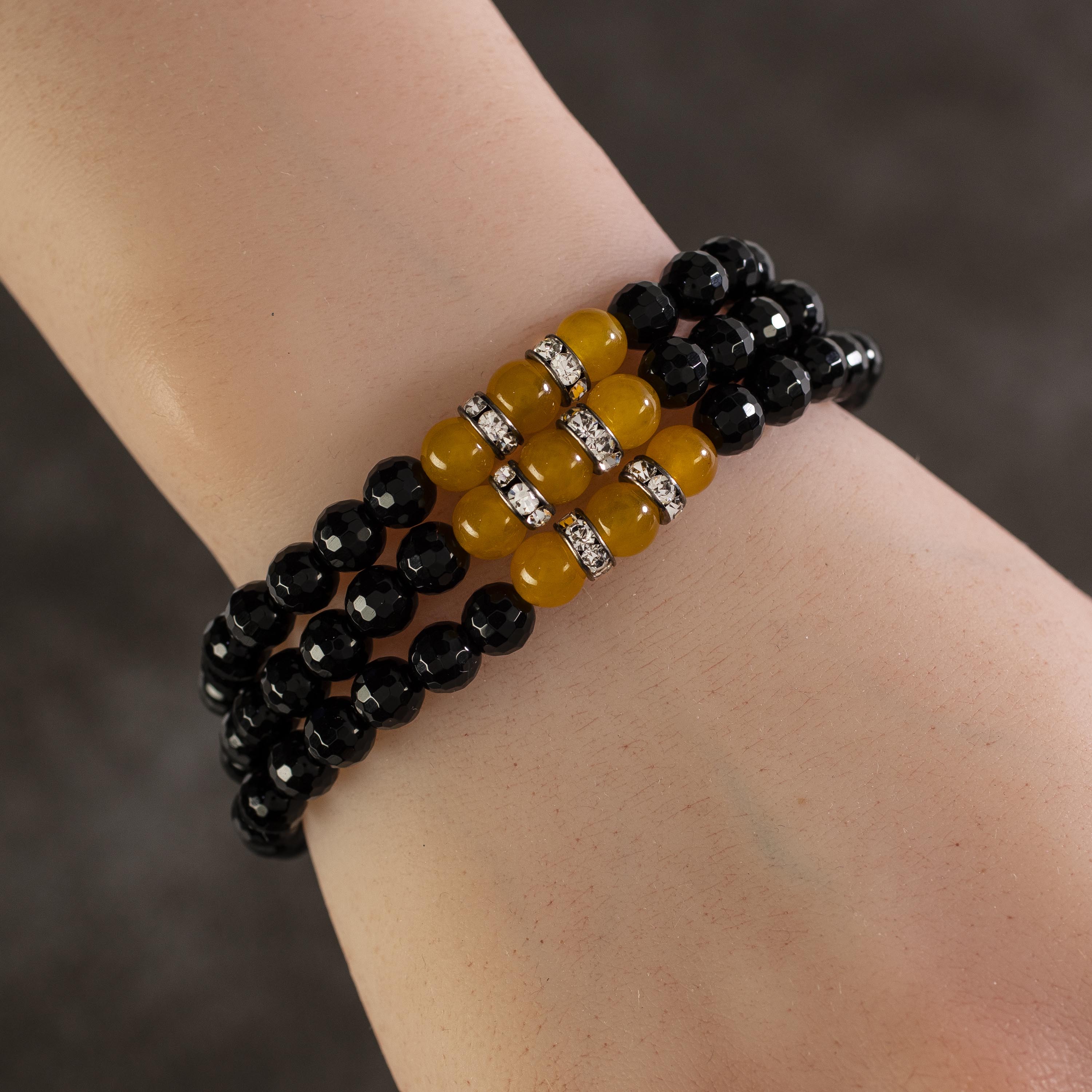 Kalifano Gemstone Bracelets Black Agate 6mm Beads with Yellow Agate and Silver Crystal Accent Beads Triple Wrap Elastic Gemstone Bracelet WHITE-BGI3-063