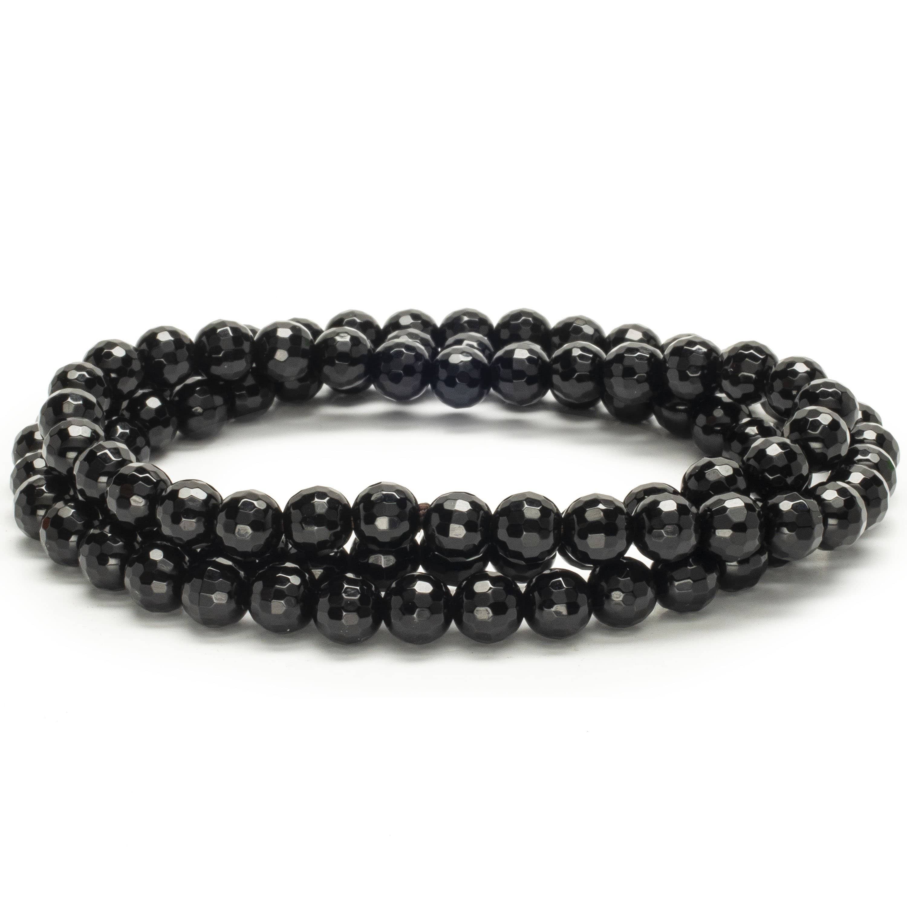 Kalifano Gemstone Bracelets Black Agate 6mm Gemstone Bead Triple Wrap Elastic Gemstone Bracelet WHITE-BGI3-030