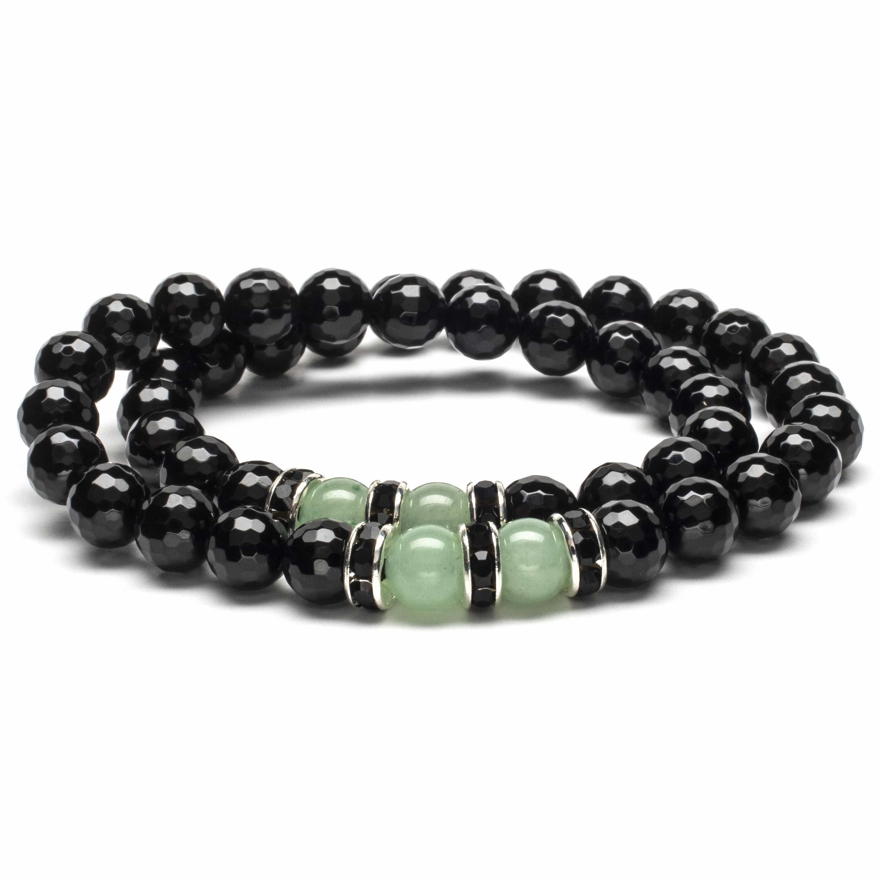 Kalifano Gemstone Bracelets Black Agate 8mm Beaads with Aventurine and Black & Silver Accent Beads Double Wrap Elastic Gemstone Bracelet WHITE-BGI2-006