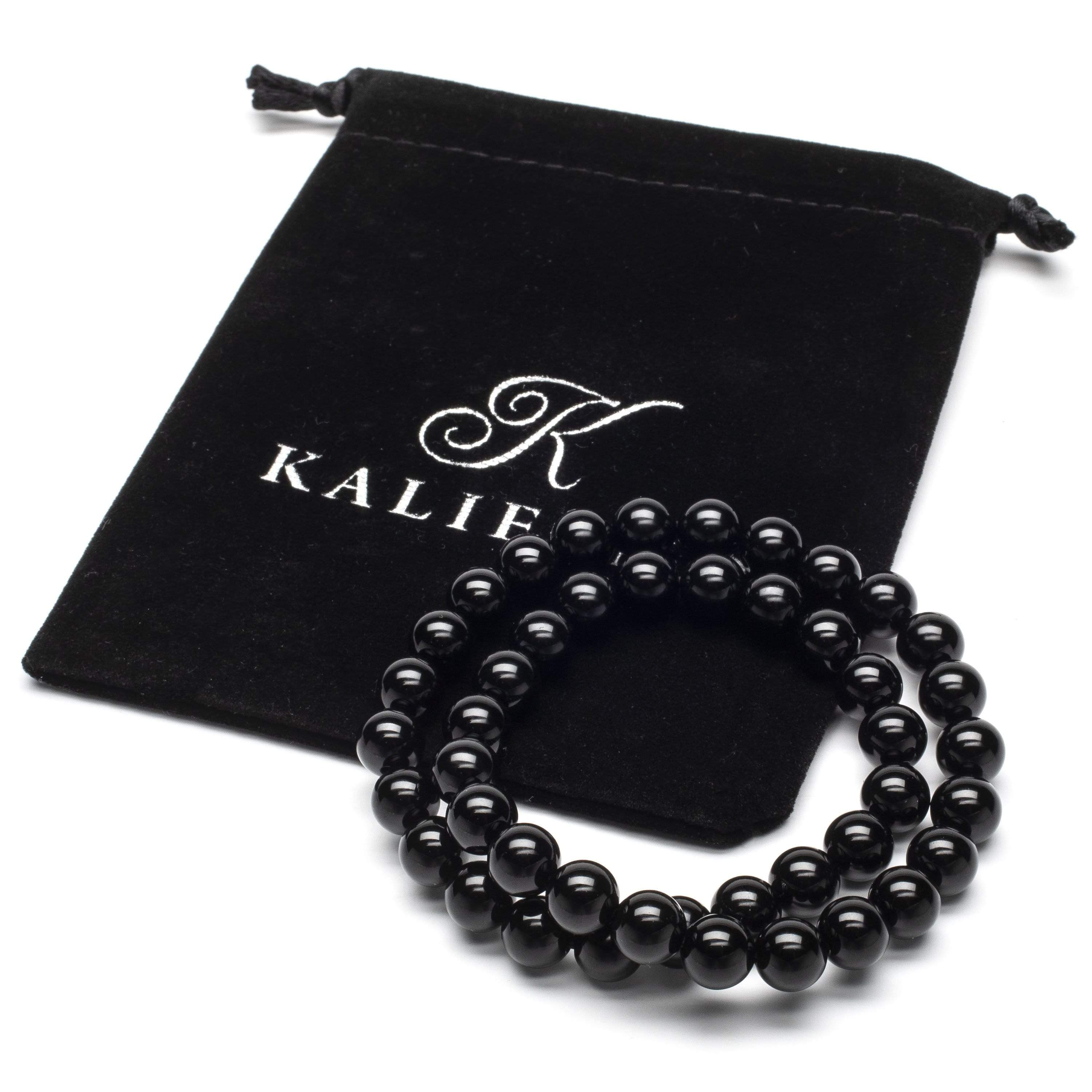 Kalifano Gemstone Bracelets Black Agate 8mm Beads Double Wrap Elastic Gemstone Bracelet WHITE-BGI2-015