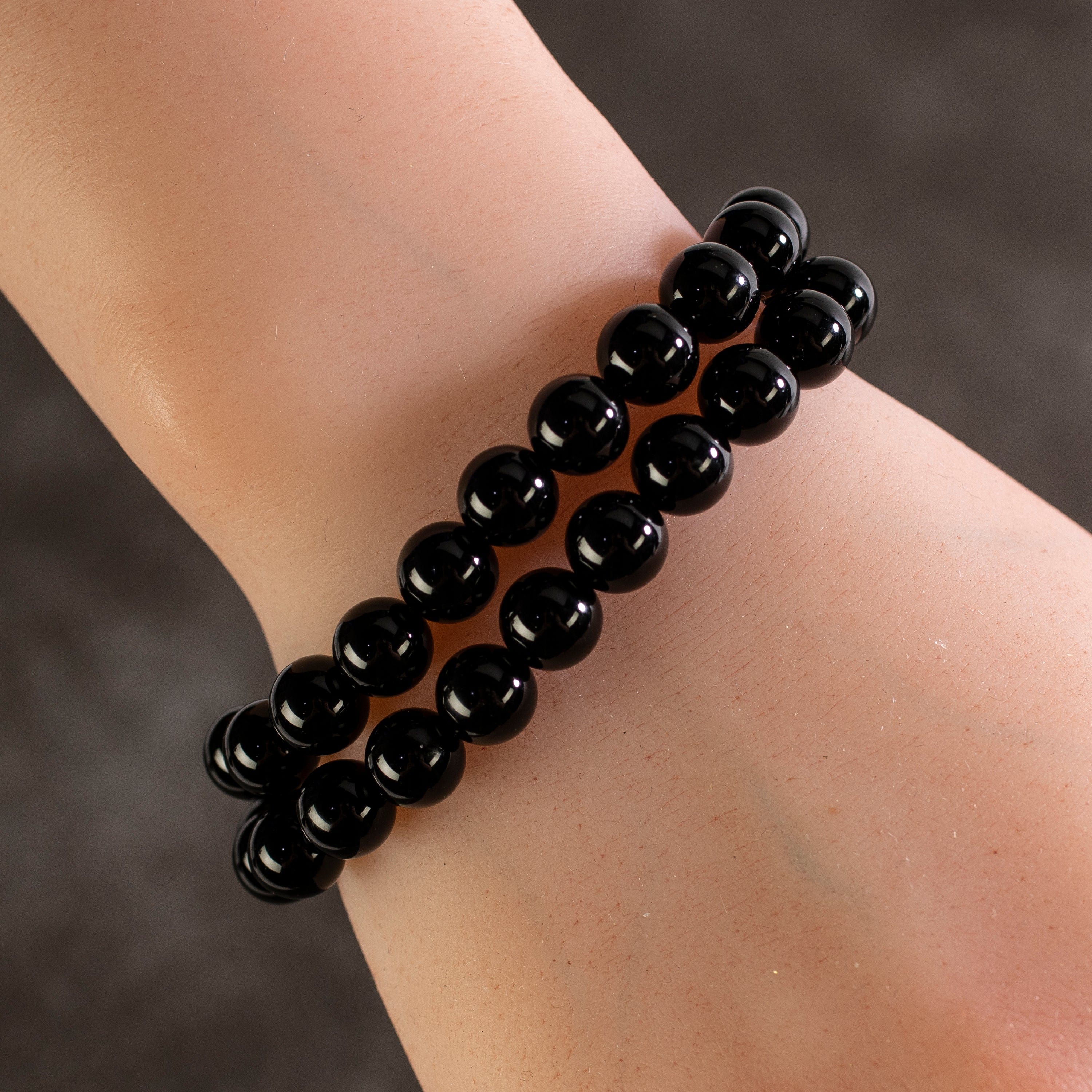 Kalifano Gemstone Bracelets Black Agate 8mm Beads Double Wrap Elastic Gemstone Bracelet WHITE-BGI2-015