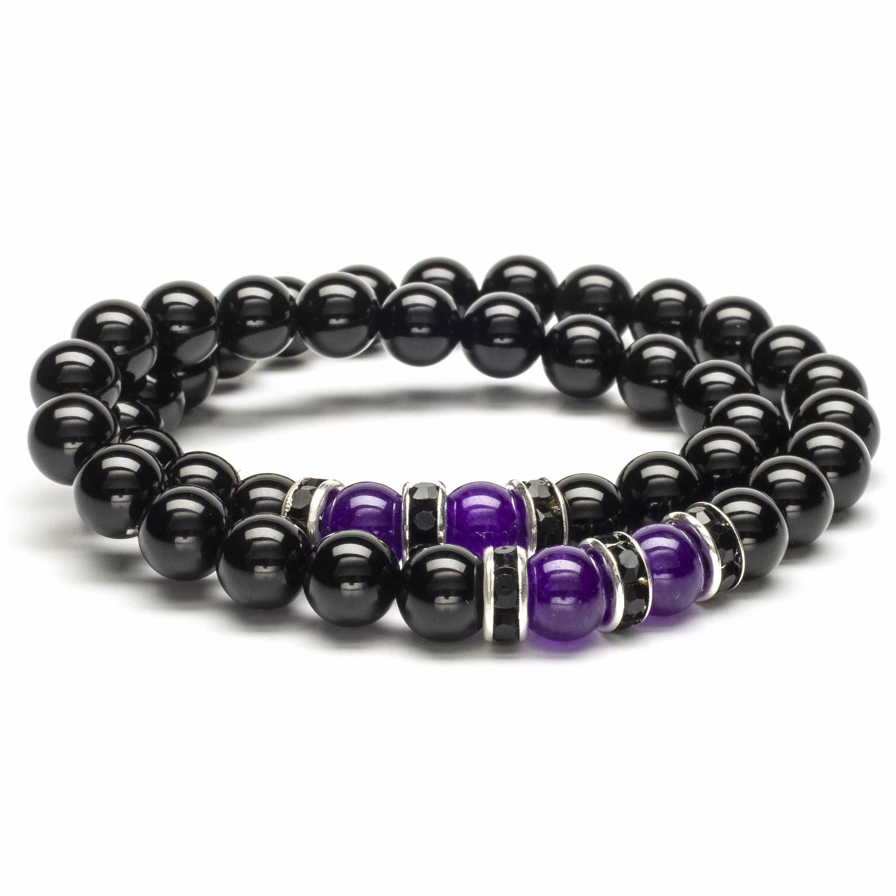 Kalifano Gemstone Bracelets Black Agate 8mm Beads with Amethyst and Black & Silver Accent Beads Double Wrap Elastic Gemstone Bracelet WHITE-BGI2-003