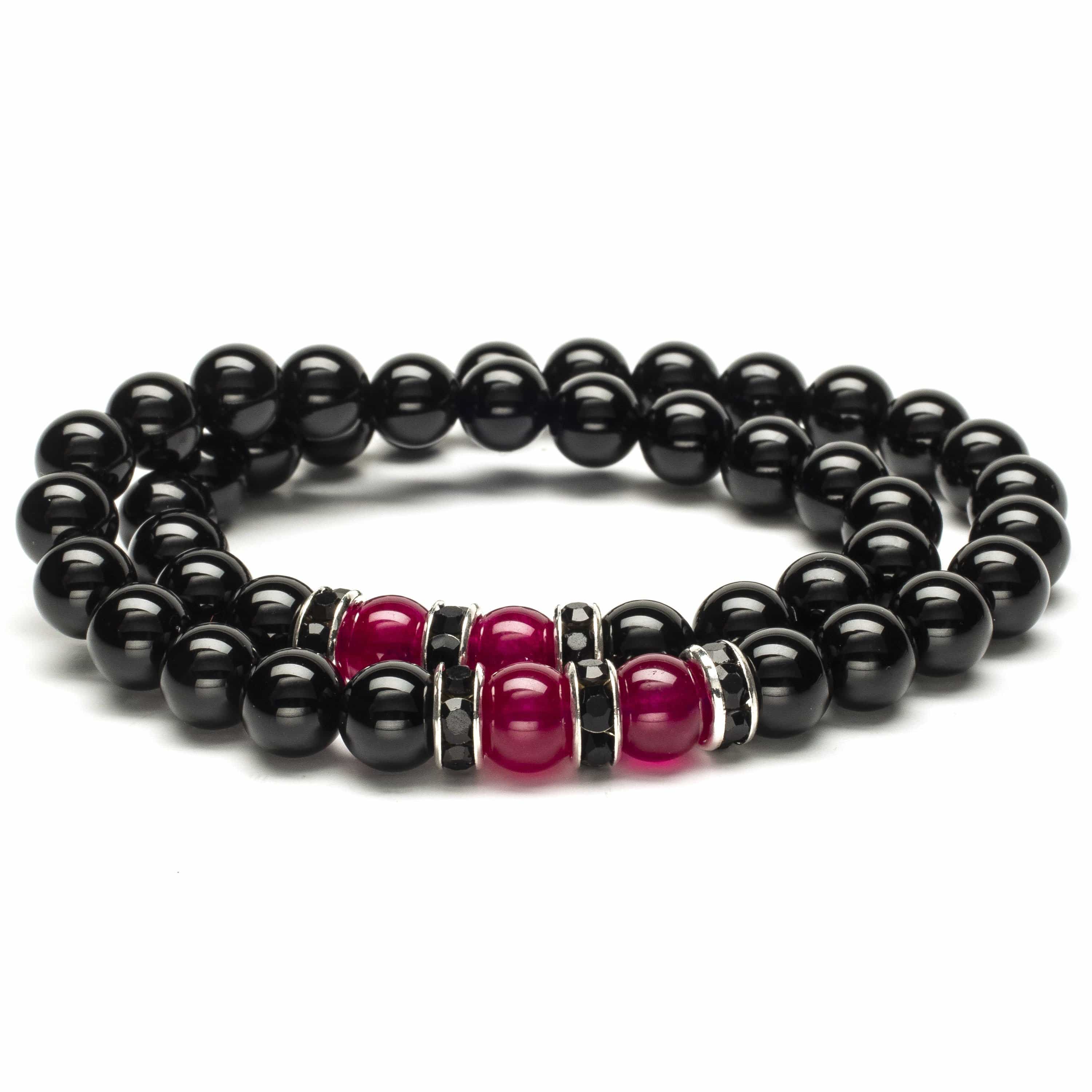 Kalifano Gemstone Bracelets Black Agate 8mm Beads with Fuchsia Agate and Black & Silver Accent Beads Double Wrap Elastic Gemstone Bracelet WHITE-BGI2-005