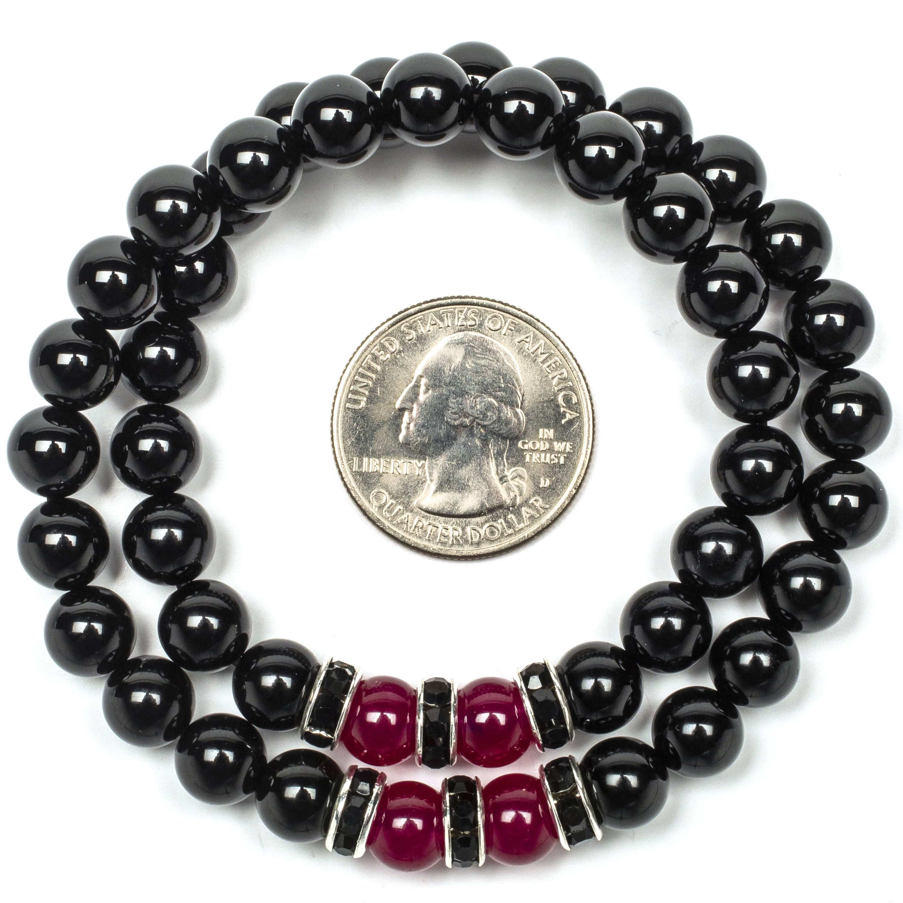 Kalifano Gemstone Bracelets Black Agate 8mm Beads with Fuchsia Agate and Black & Silver Accent Beads Double Wrap Elastic Gemstone Bracelet WHITE-BGI2-005