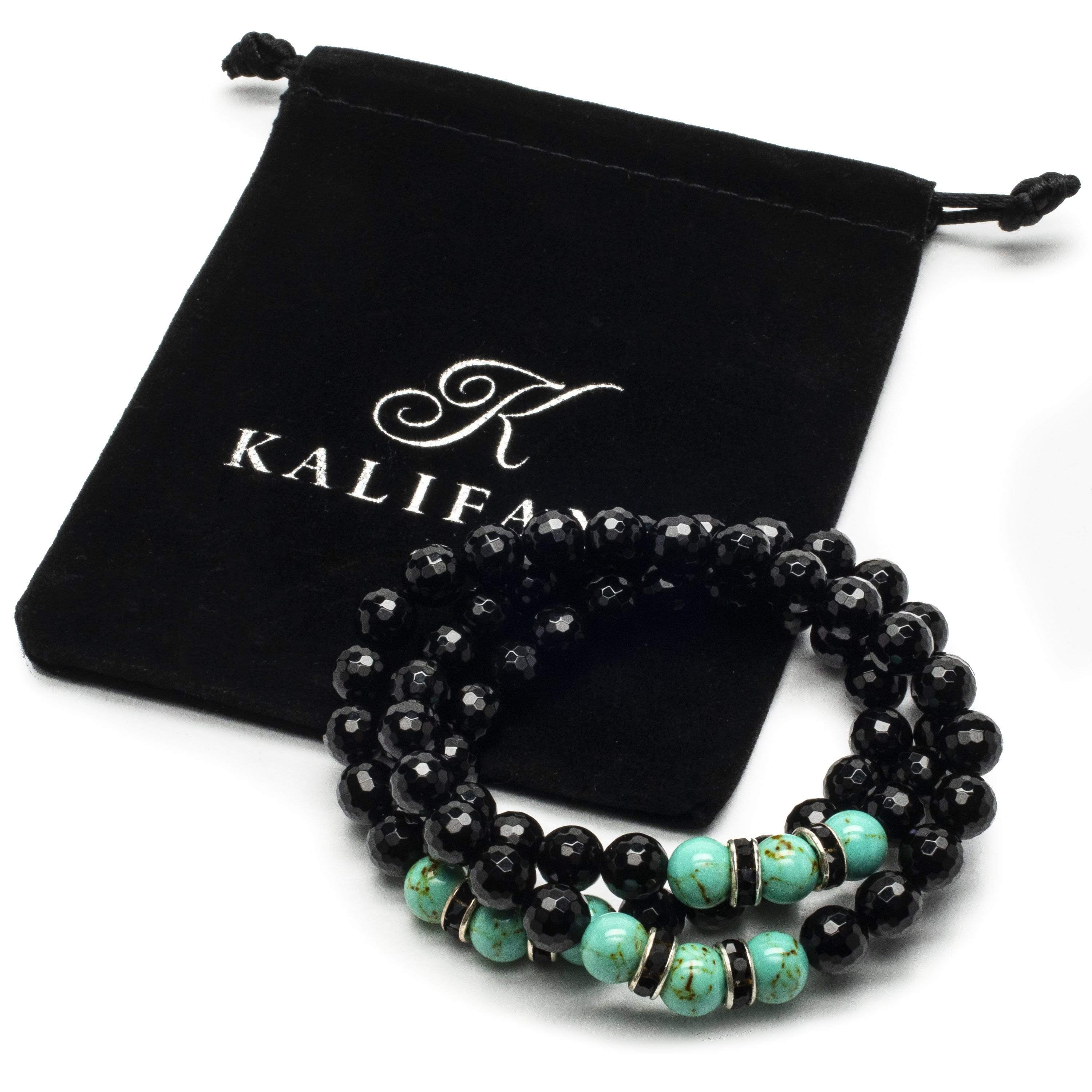 Kalifano Gemstone Bracelets Black Agate 8mm Beads with Howlite Turquoise and Crystal Accent Beads Triple Wrap Elastic Gemstone Bracelet WHITE-BGI3-015