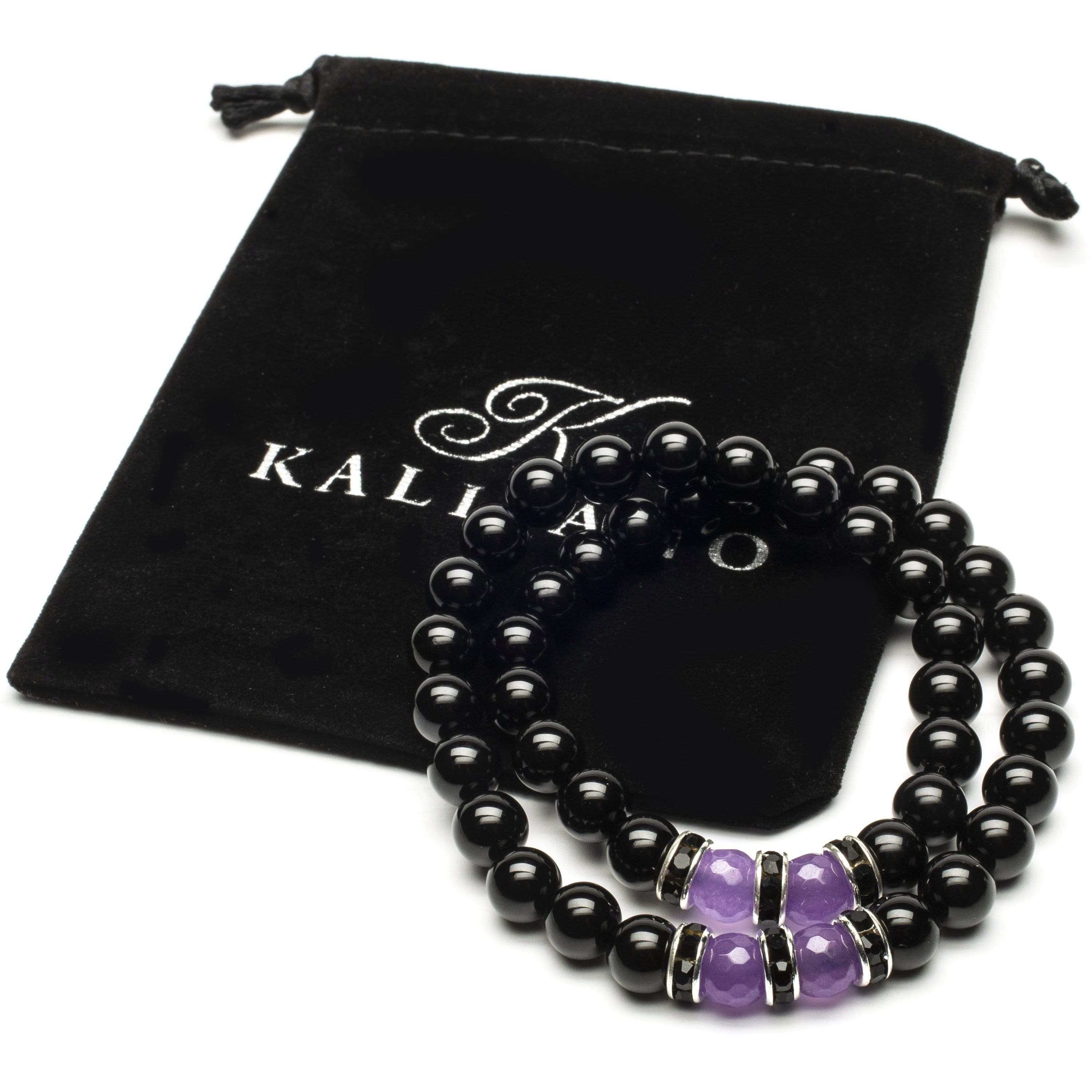 Kalifano Gemstone Bracelets Black Agate 8mm Beads with Light Purple Agate and Black & Silver Accent Beads Double Wrap Elastic Gemstone Bracelet WHITE-BGI2-004