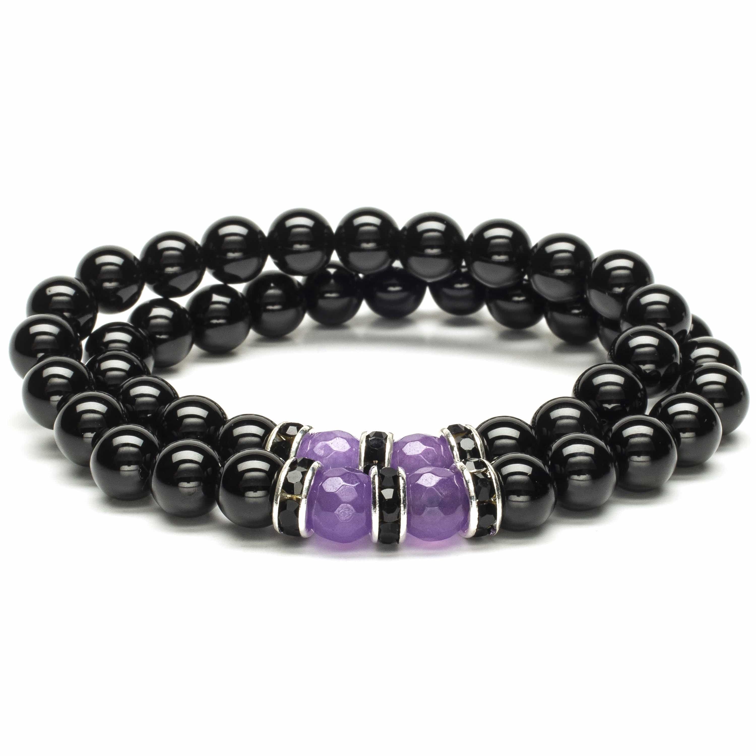 Kalifano Gemstone Bracelets Black Agate 8mm Beads with Light Purple Agate and Black & Silver Accent Beads Double Wrap Elastic Gemstone Bracelet WHITE-BGI2-004