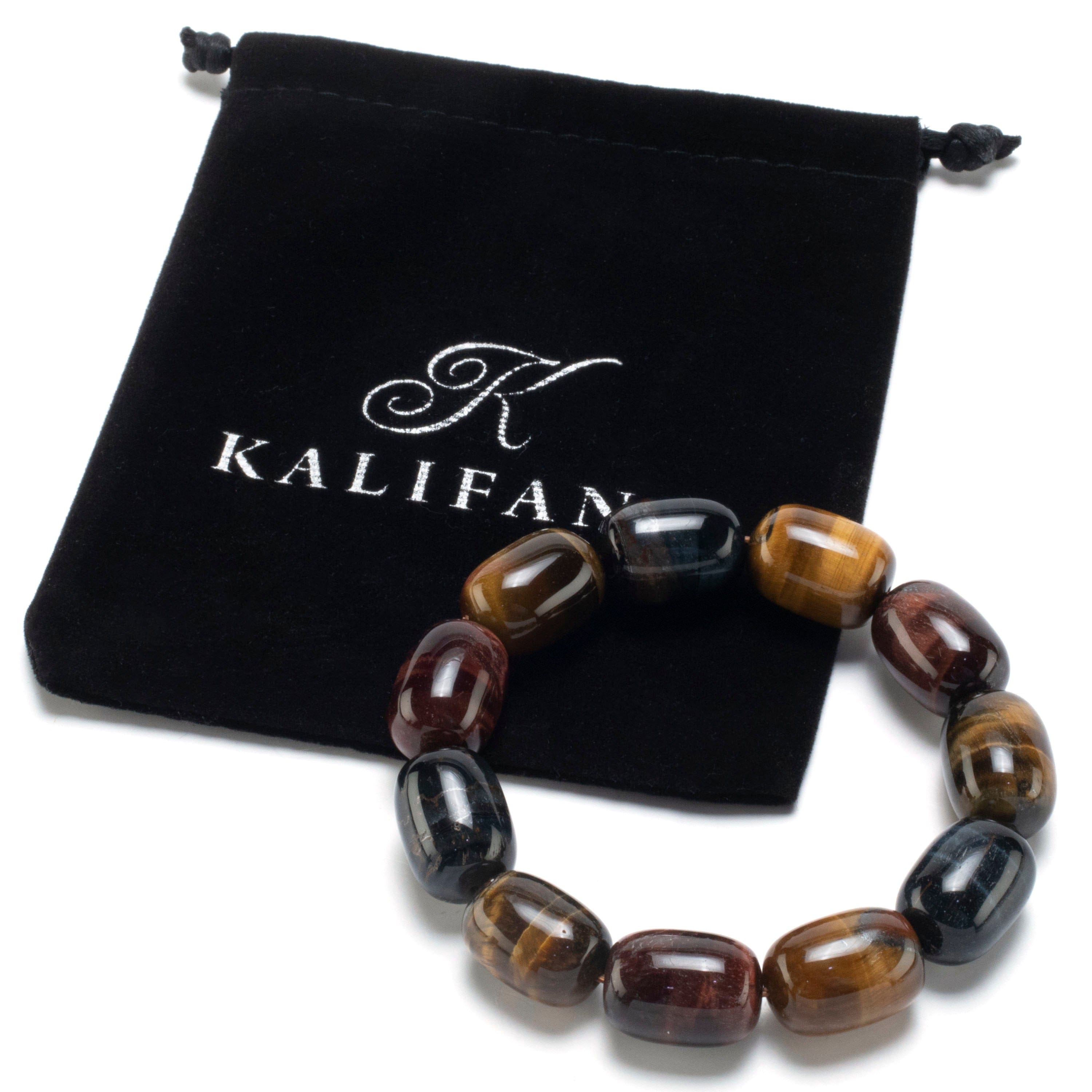 Kalifano Gemstone Bracelets Blue and Yellow Tiger Eye Gemstone Elastic Bracelet WHITE-BGP-055