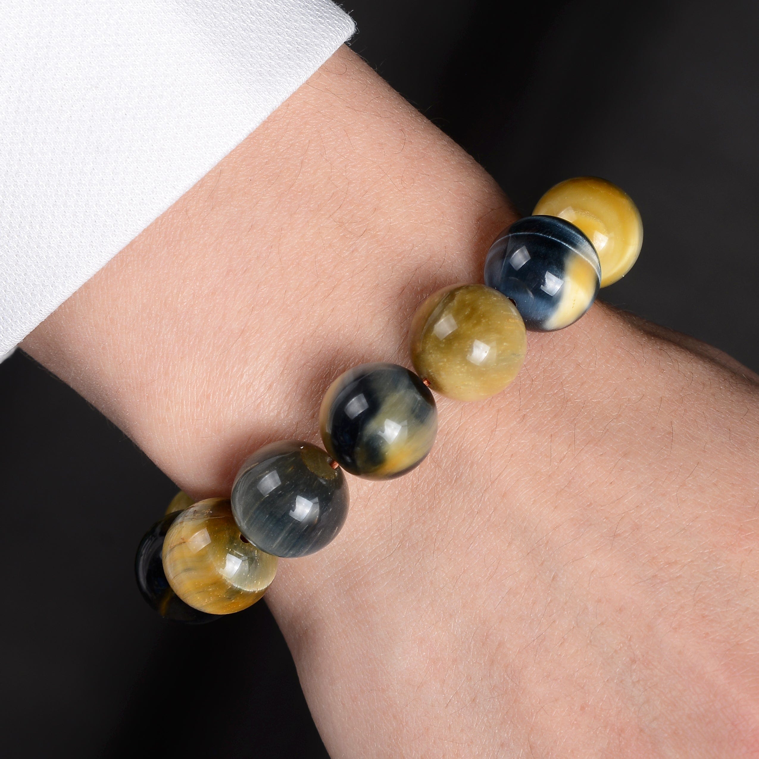 Kalifano Gemstone Bracelets Blue and Yellow Tiger Eye Natural Gemstone Bead Elastic Bracelet BLACK-BGP-032