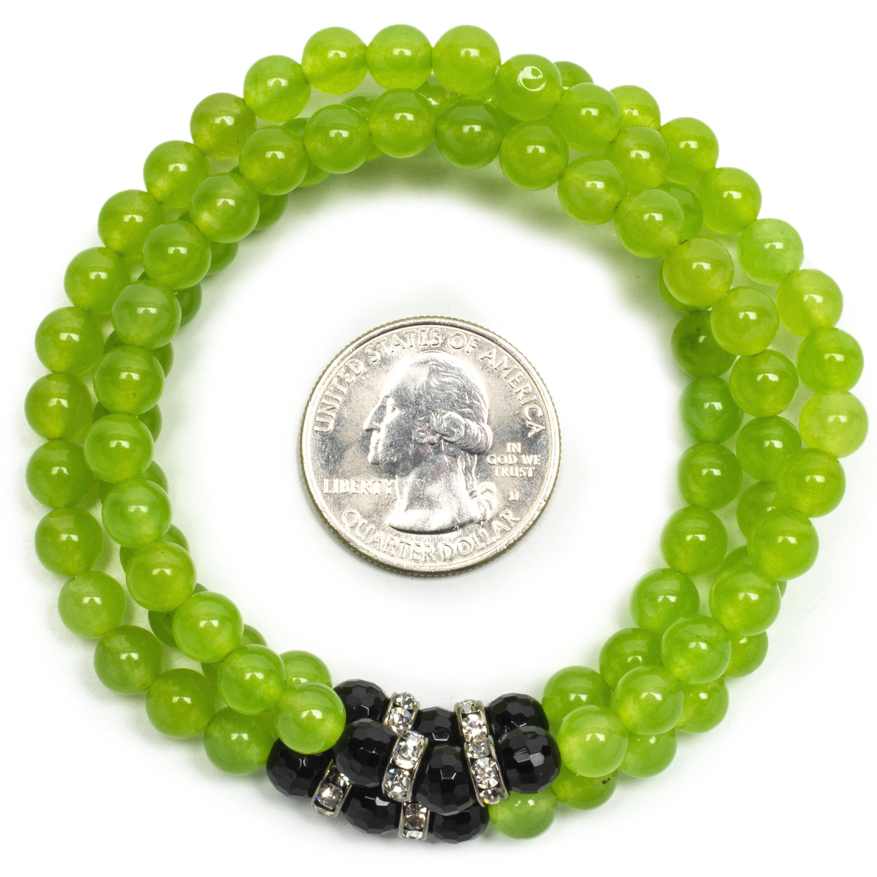 Kalifano Gemstone Bracelets Bright Green Agate 6mm Beads with Black Agate and Crystal Accent Beads Gemstone Triple Wrap Elastic Bracelet WHITE-BGI3-053