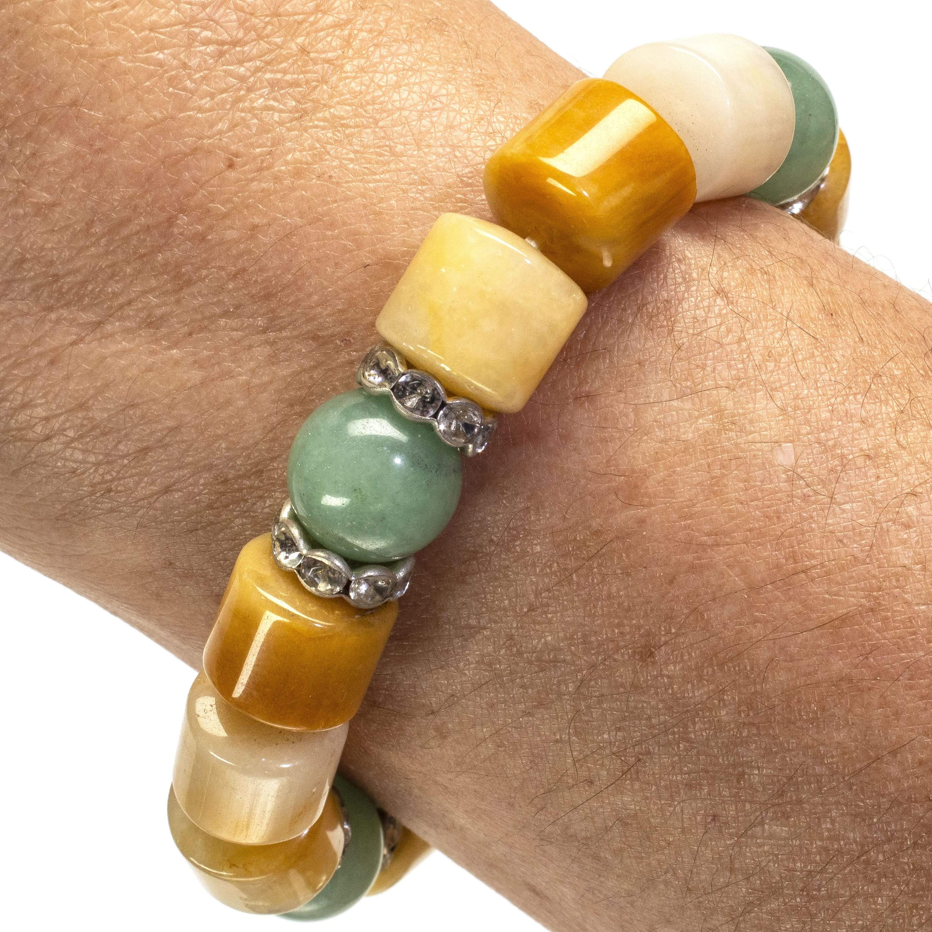 Kalifano Gemstone Bracelets Butter Jade and Aventurine with Crystal Accents Gemstone Elastic Bracelet WHITE-BGP-036