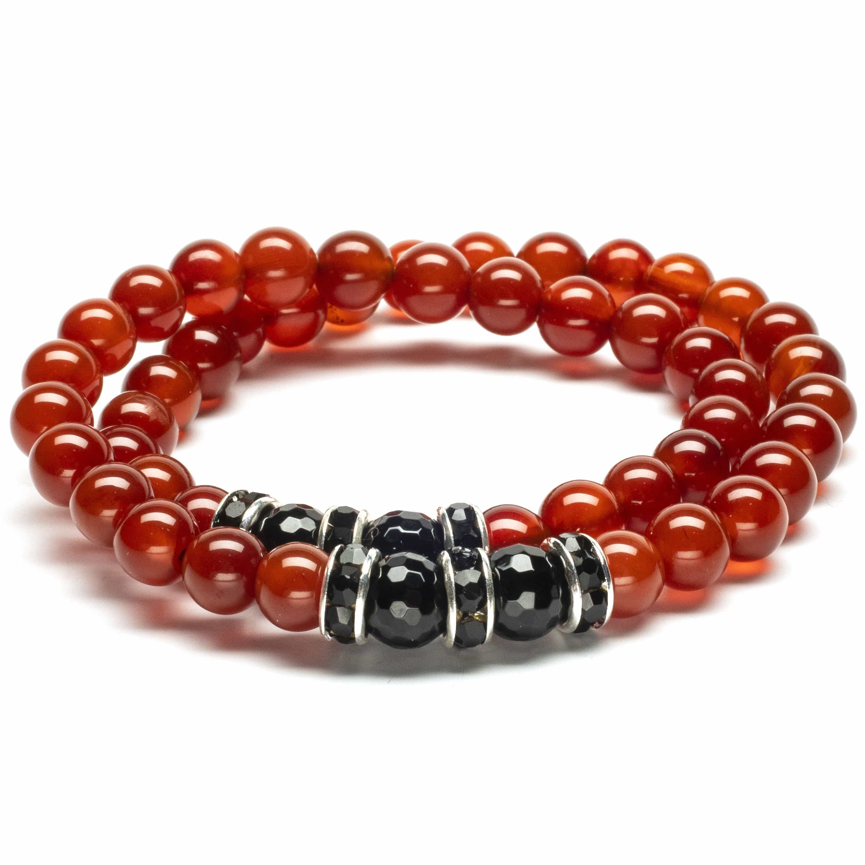 Kalifano Gemstone Bracelets Carnelian 8mm Beads with Black Agate and Black and Silver Accent Beads Double Wrap Elastic Gemstone Bracelet WHITE-BGI2-039