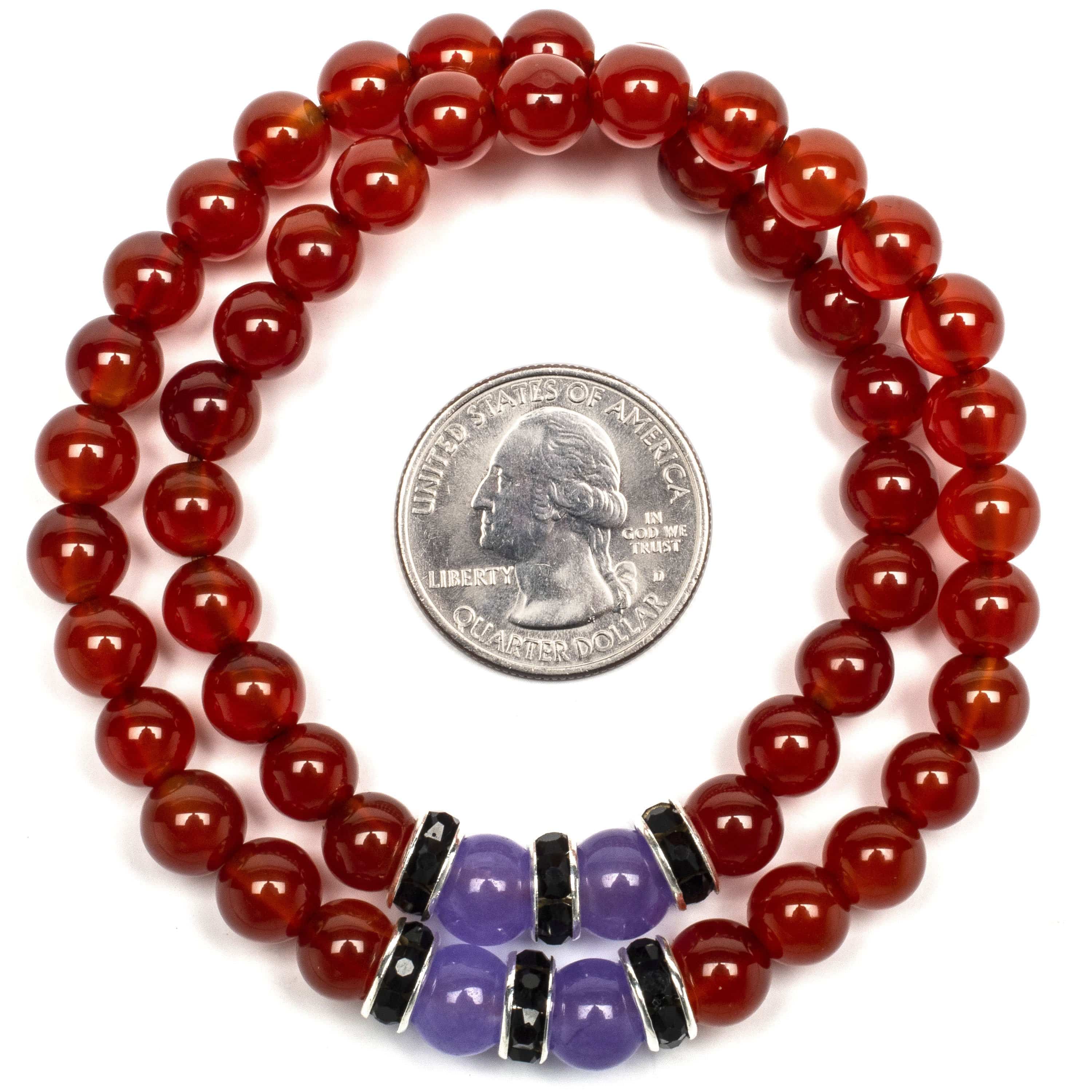 Kalifano Gemstone Bracelets Carnelian 8mm Beads with Purple Agate and Black and Silver Accent Beads Double Wrap Elastic Gemstone Bracelet WHITE-BGI2-040