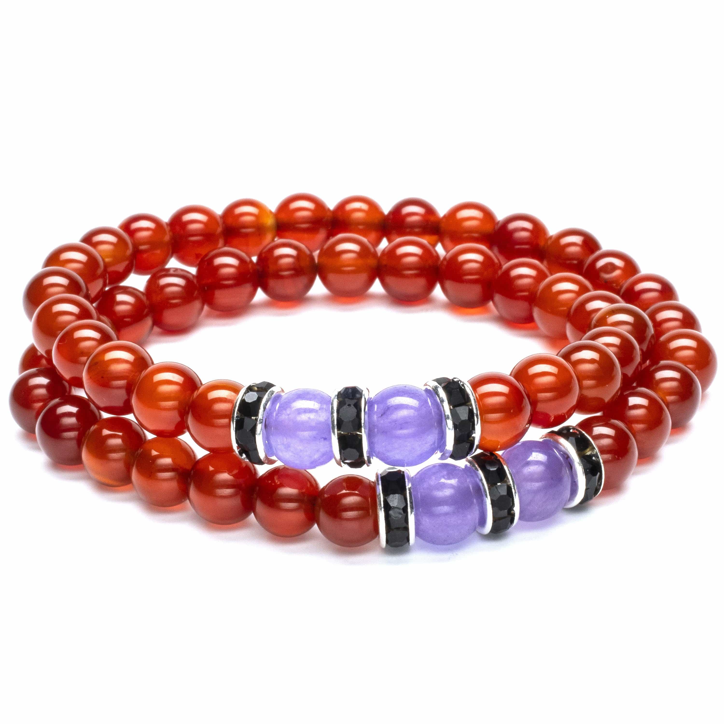 Kalifano Gemstone Bracelets Carnelian 8mm Beads with Purple Agate and Black and Silver Accent Beads Double Wrap Elastic Gemstone Bracelet WHITE-BGI2-040