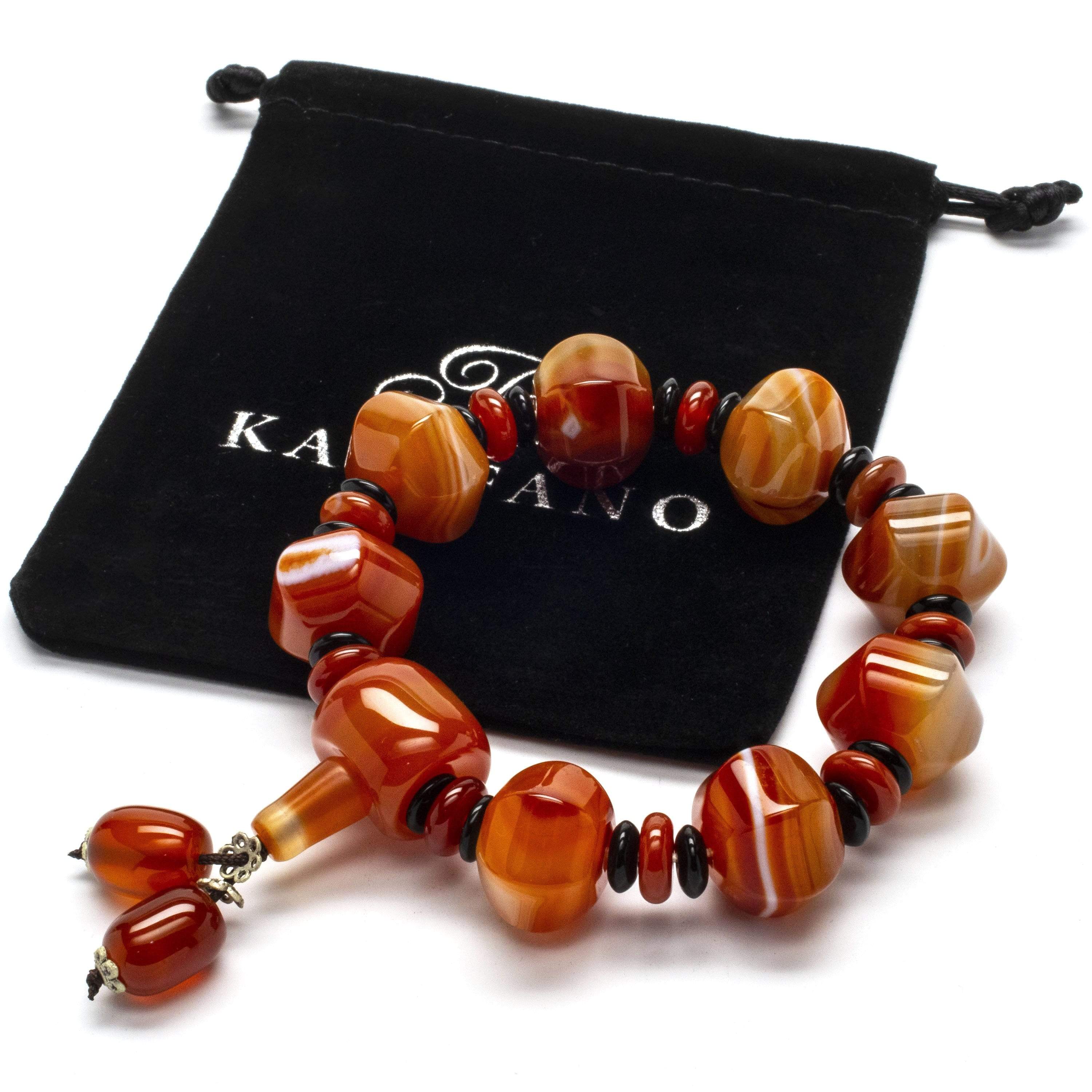 Kalifano Gemstone Bracelets Carnelian with Carnelian and Black Agate Gemstone Elastic Braceletwith Tassel WHITE-BGP-018