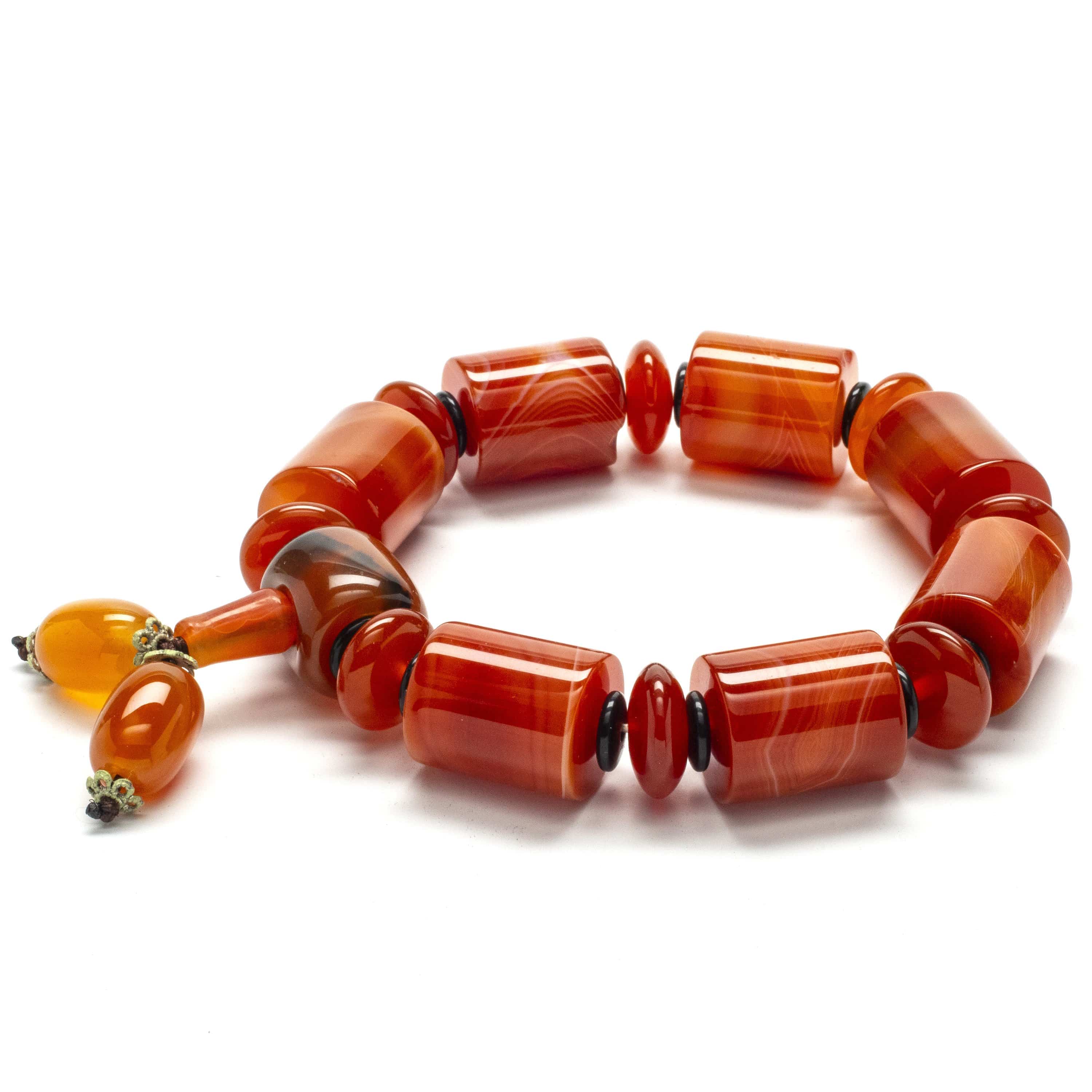 Kalifano Gemstone Bracelets Carnelian with Carnelian and Black Agate Gemstone Elastic Braceletwith Tassel WHITE-BGP-021