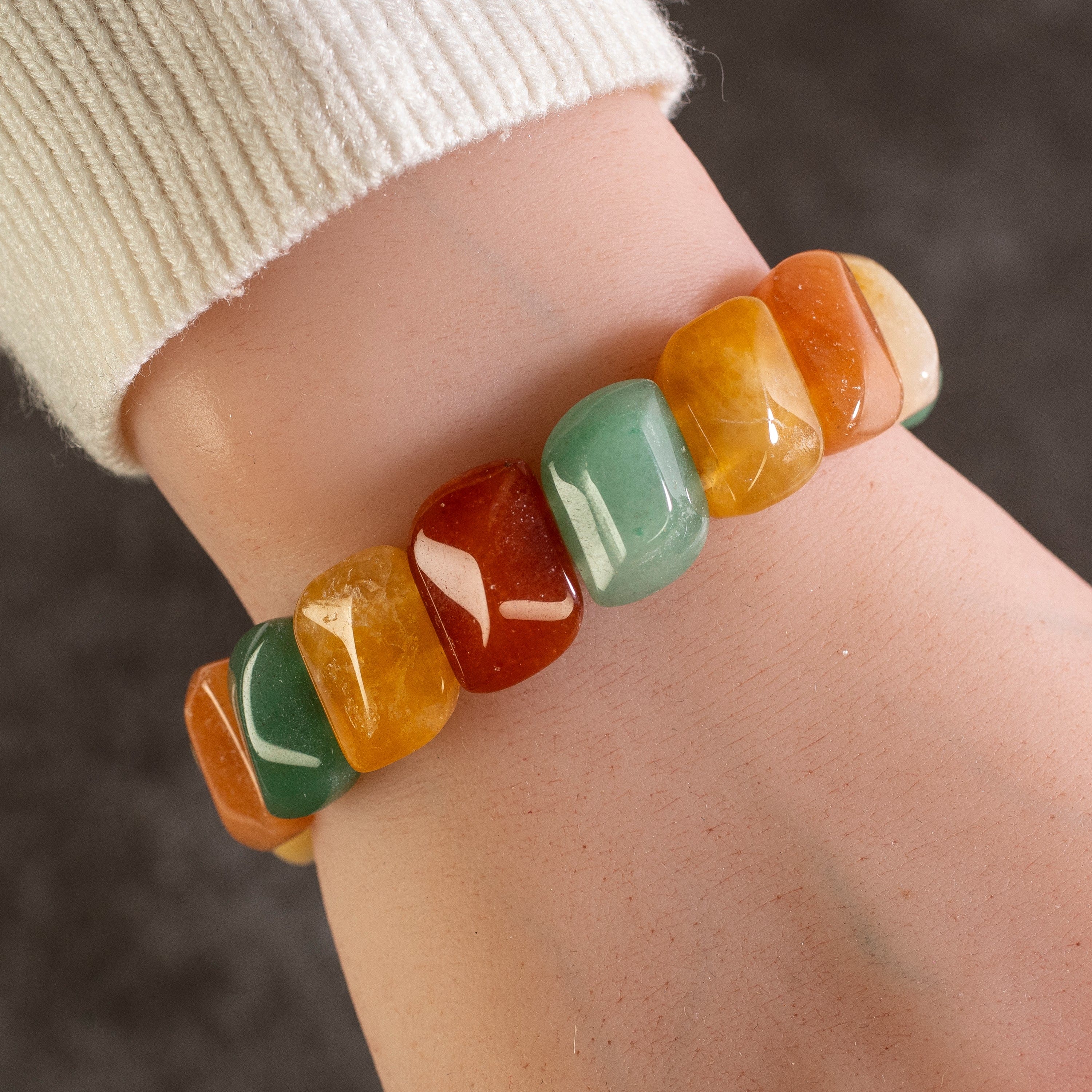 Kalifano Gemstone Bracelets Diagonal Faceted Citrine, Aventurine, and Carnelian Gemstone Elastic Bracelet WHITE-BGP-006