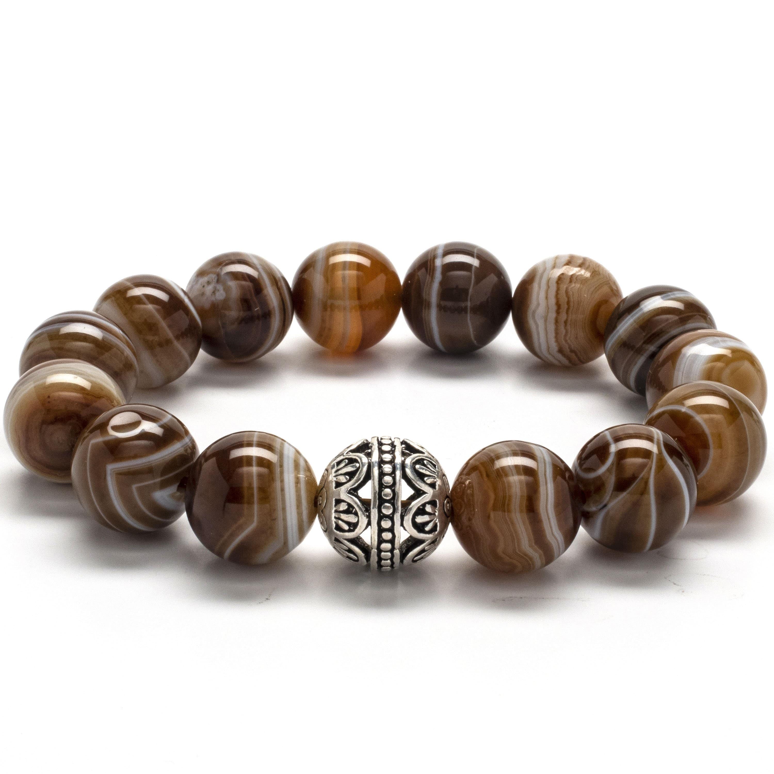 Kalifano Gemstone Bracelets Espresso Agate 14mm Natural Gemstone Bead Elastic Bracelet with Accent Bead PLAT-BGP-009