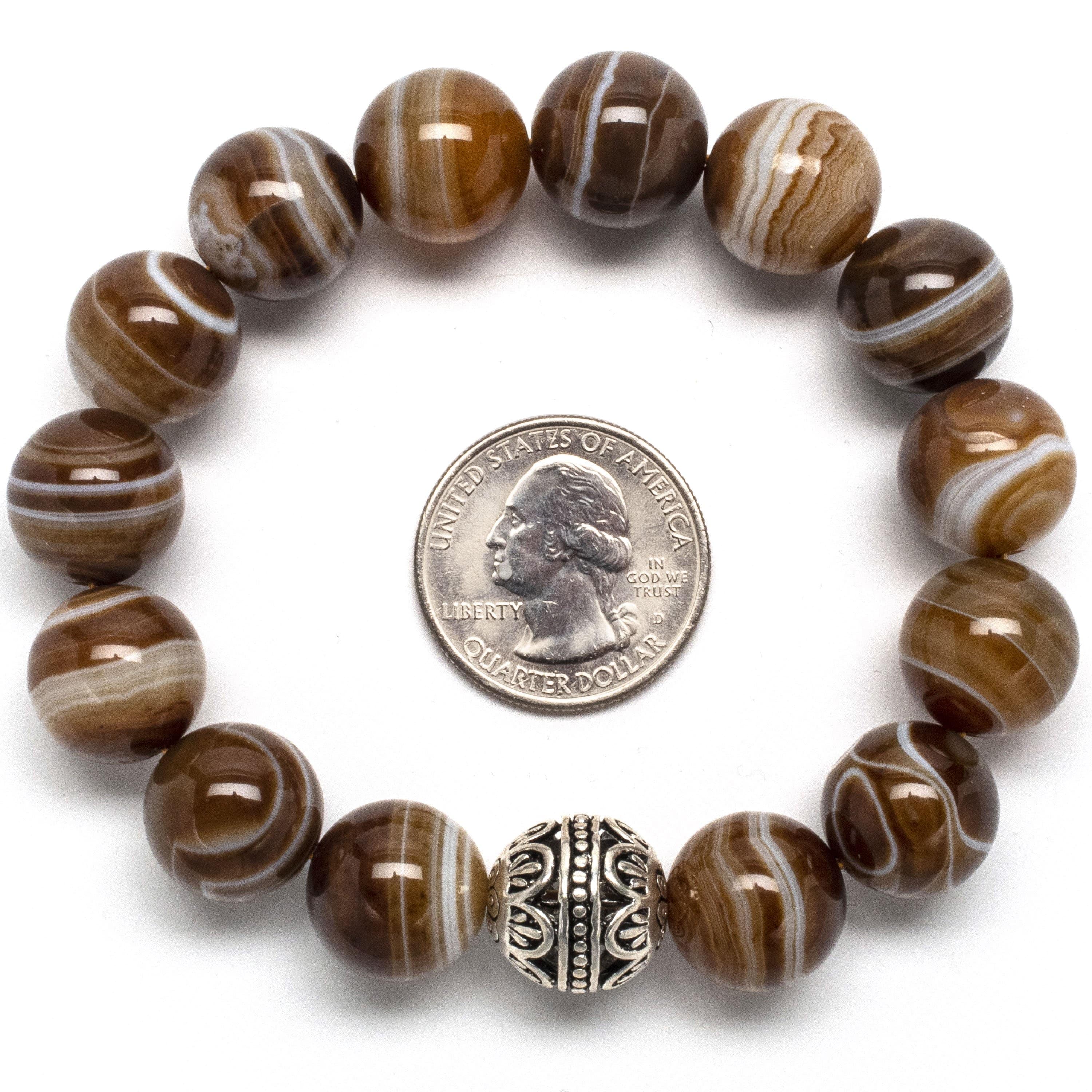 Kalifano Gemstone Bracelets Espresso Agate 14mm Natural Gemstone Bead Elastic Bracelet with Accent Bead PLAT-BGP-009