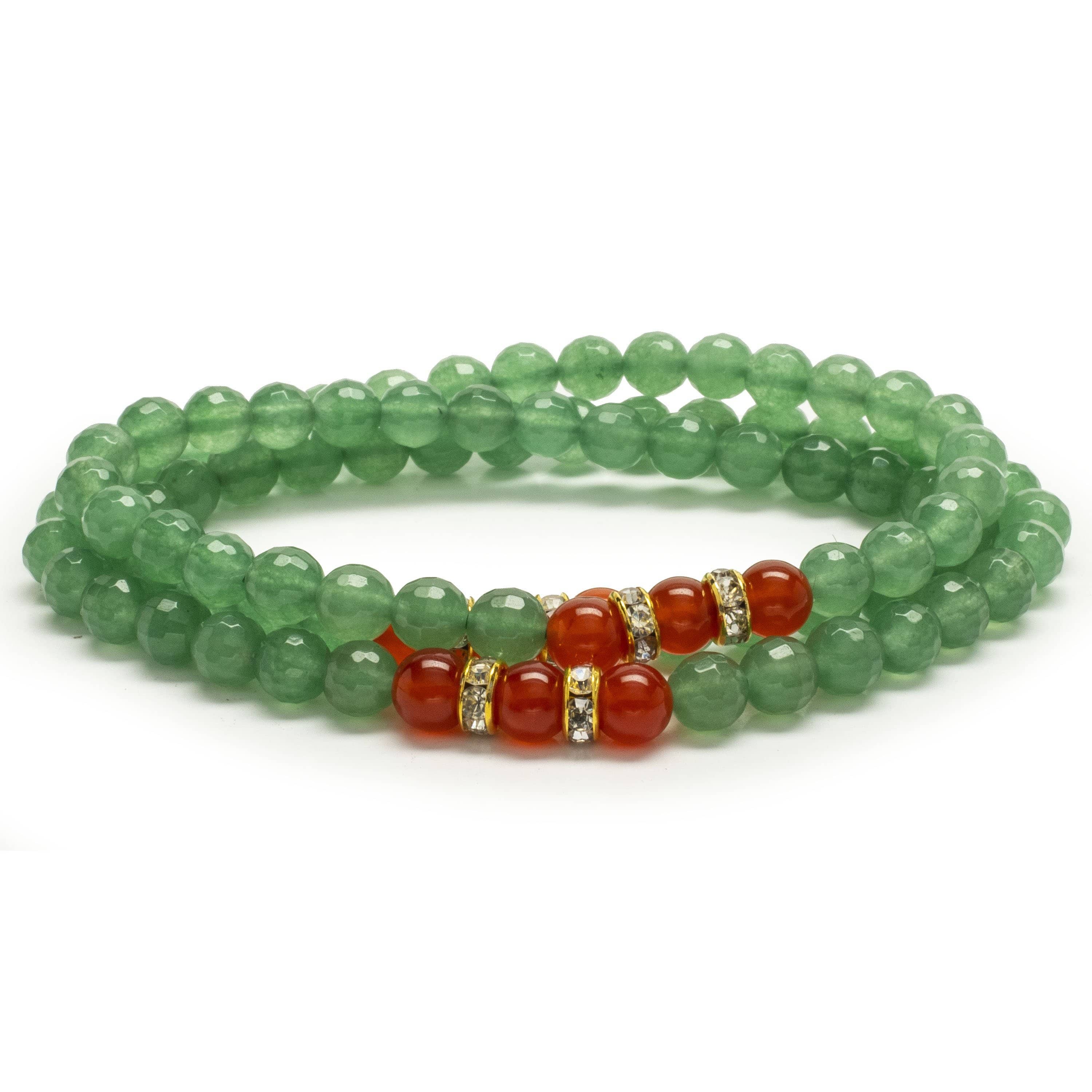 Kalifano Gemstone Bracelets Faceted Aventurine 6mm Beads with Carnelian and Gold Crystal Accent Beads Triple Wrap Elastic Gemstone Bracelet WHITE-BGI3-050