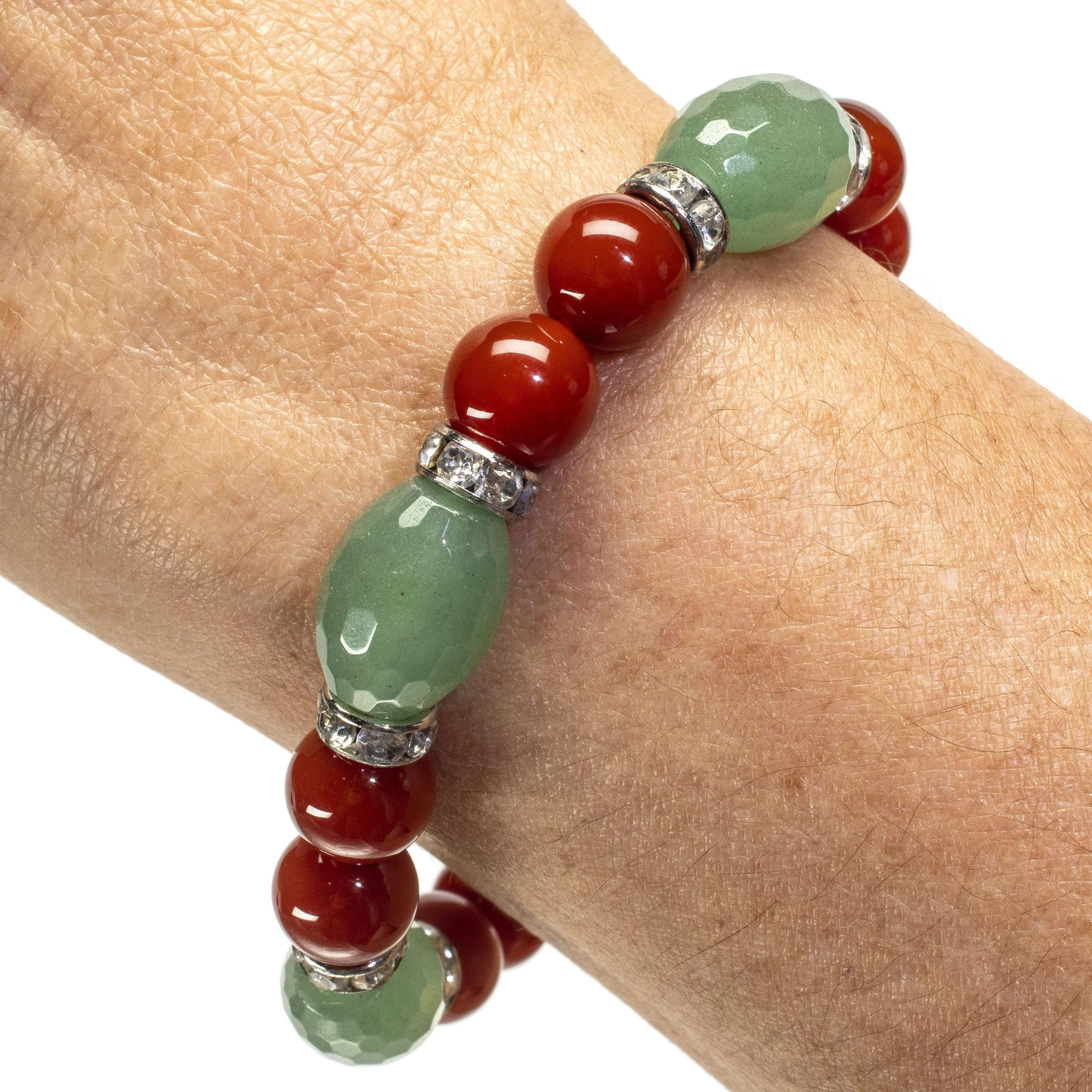 Kalifano Gemstone Bracelets Faceted Aventurine and Round Carnelian with Crystal Accents Gemstone Elastic Bracelet WHITE-BGP-034