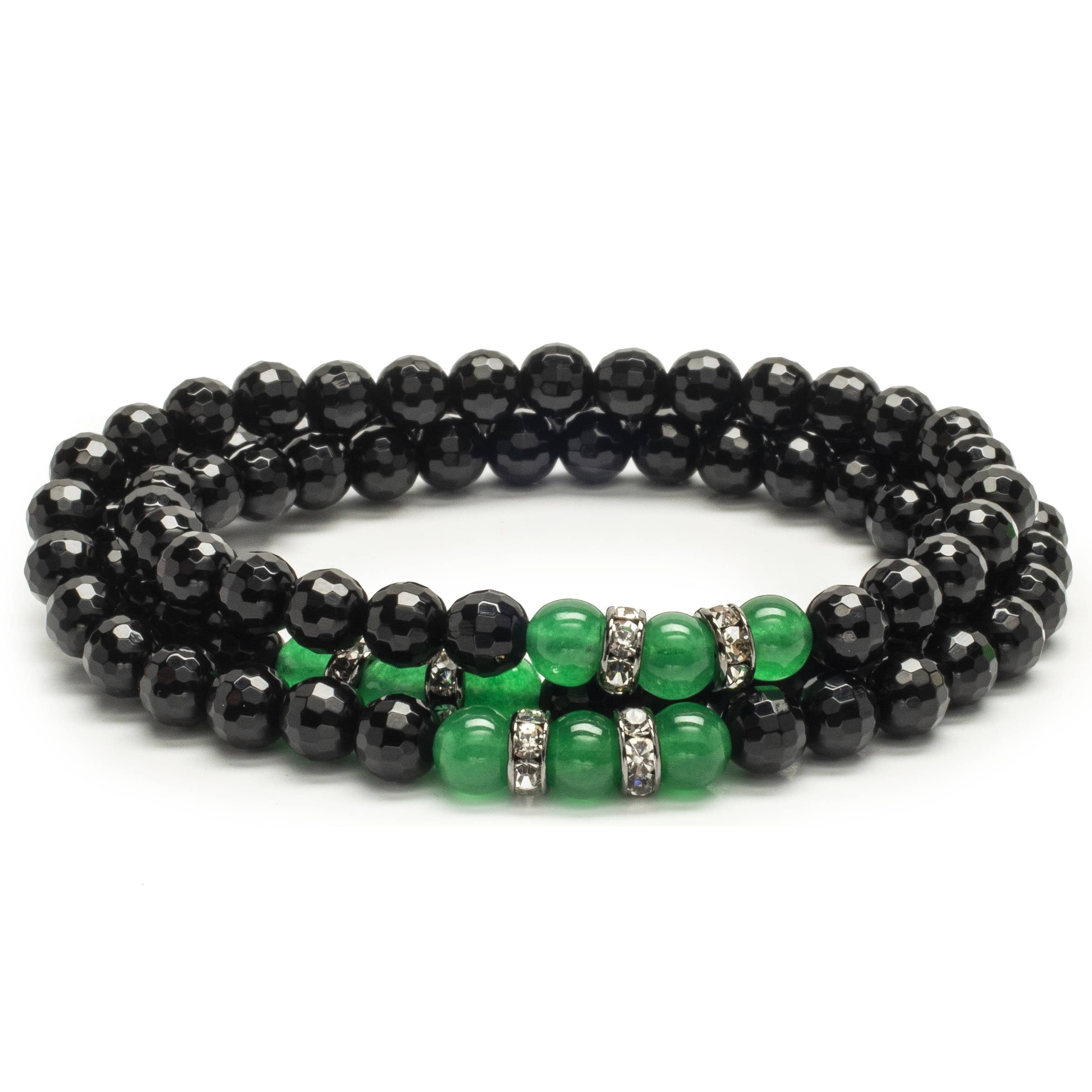 Kalifano Gemstone Bracelets Faceted Black Agate 6mm Beads with Aventurine and Crystal Accent Beads Triple Wrap Elastic Gemstone Bracelet WHITE-BGI3-041