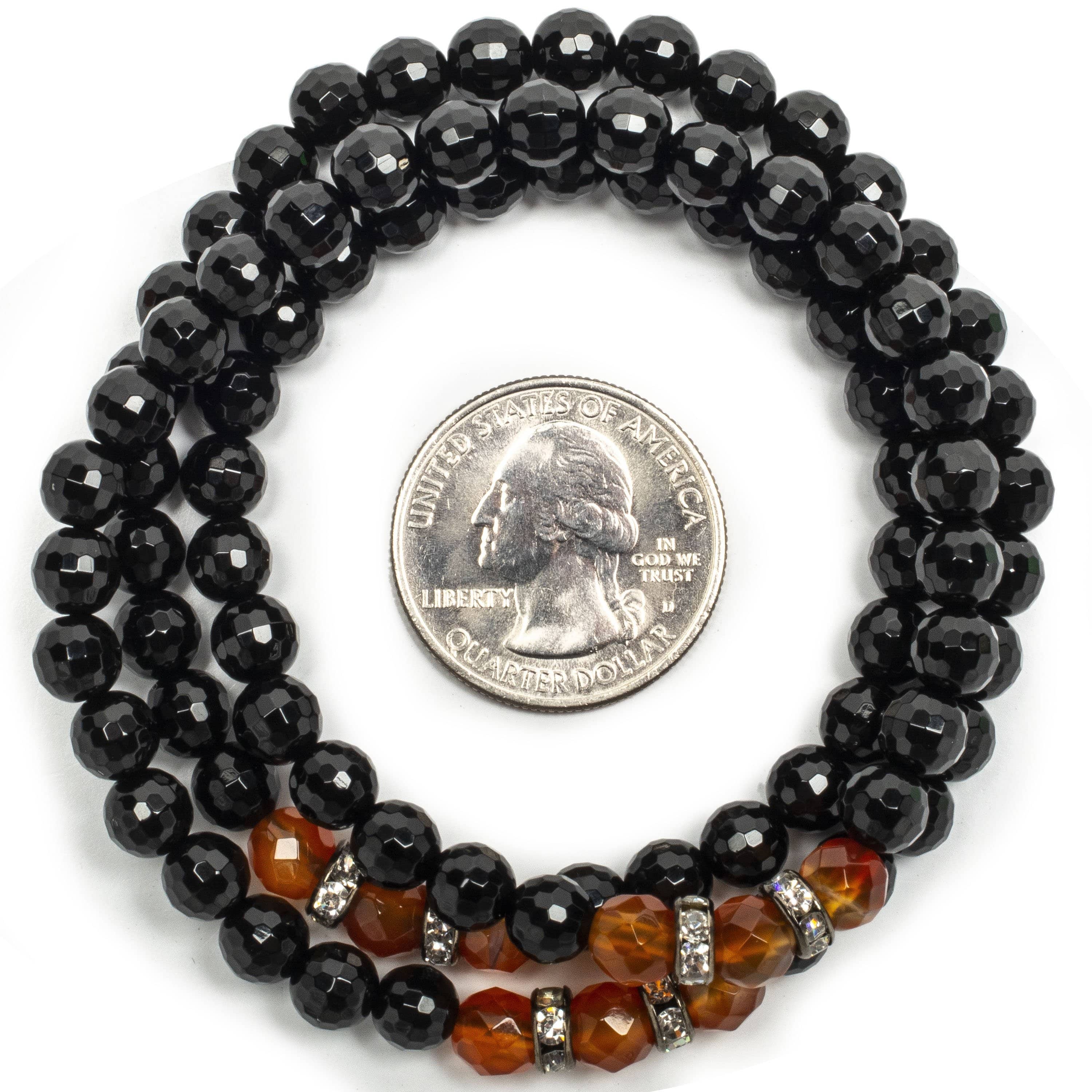 Kalifano Gemstone Bracelets Faceted Black Agate 6mm Beads with Carnelian and Crystal Accent Beads Triple Wrap Elastic Gemstone Bracelet WHITE-BGI3-058