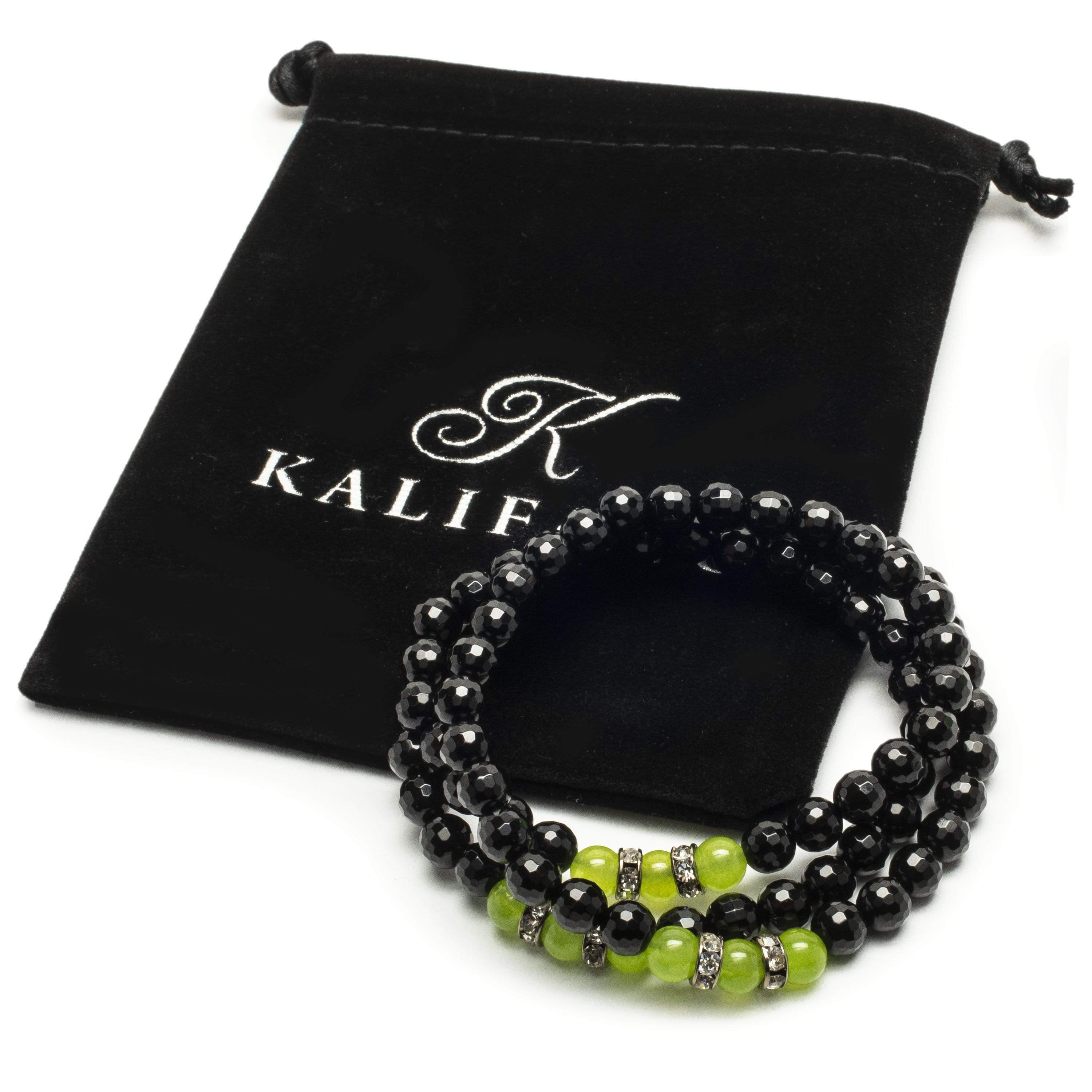 Kalifano Gemstone Bracelets Faceted Black Agate 6mm Beads with Green Agate and Crystal Accent Beads Triple Wrap Elastic Gemstone Bracelet WHITE-BGI3-042