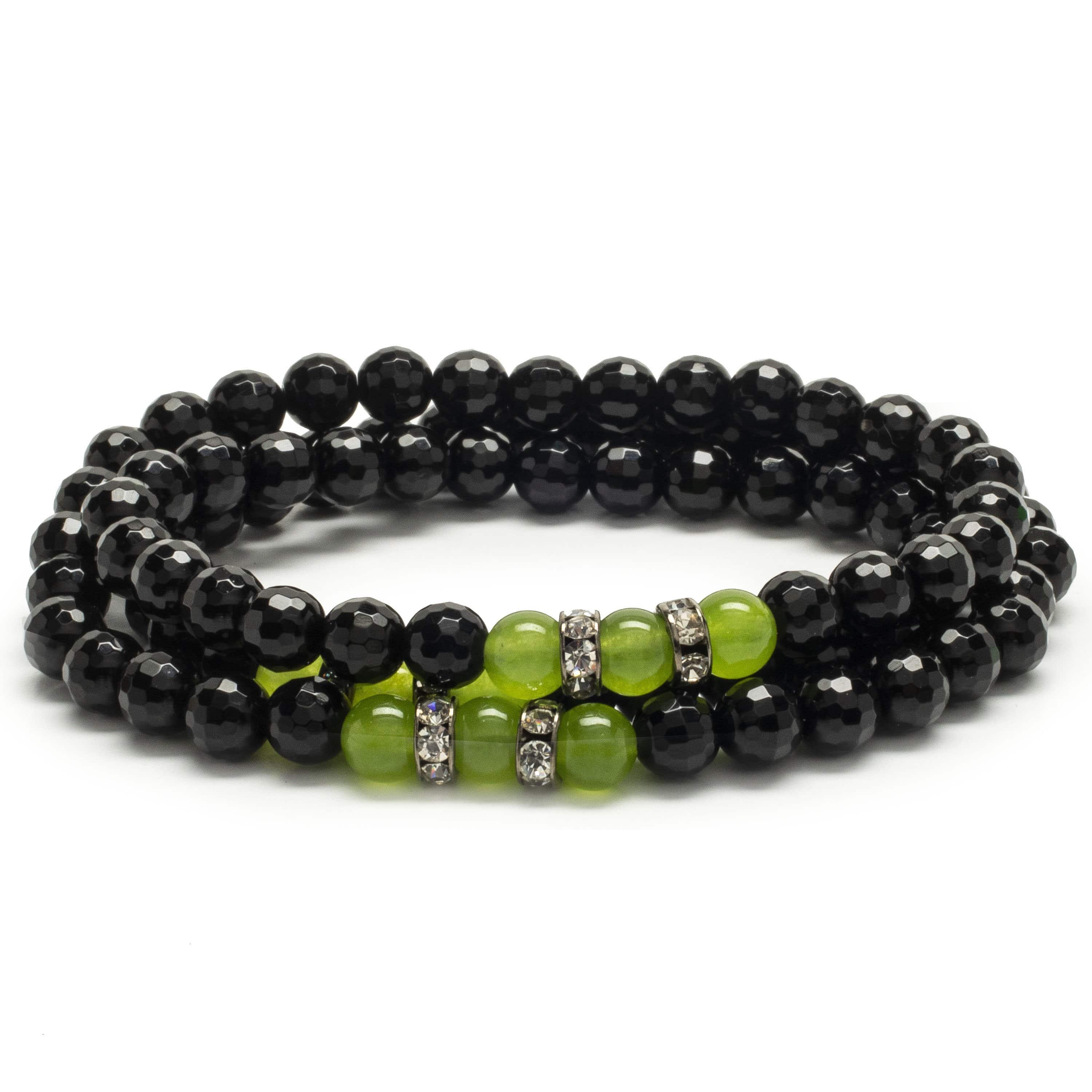 Kalifano Gemstone Bracelets Faceted Black Agate 6mm Beads with Green Agate and Crystal Accent Beads Triple Wrap Elastic Gemstone Bracelet WHITE-BGI3-042