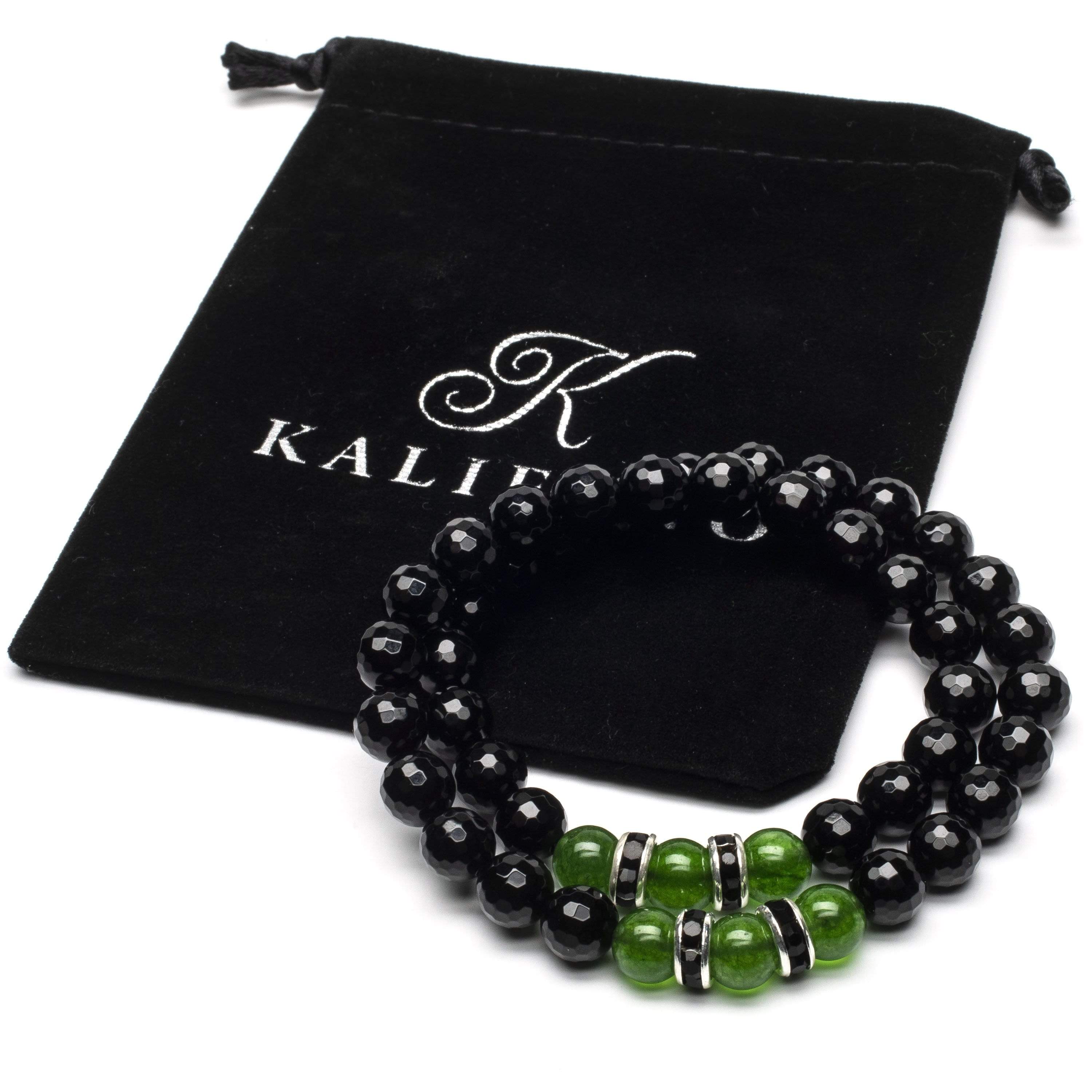 Kalifano Gemstone Bracelets Faceted Black Agate 8mm Beads with Aventurine and and Black and Silver Accent Beads Double Wrap Elastic Gemstone Bracelet WHITE-BGI2-037