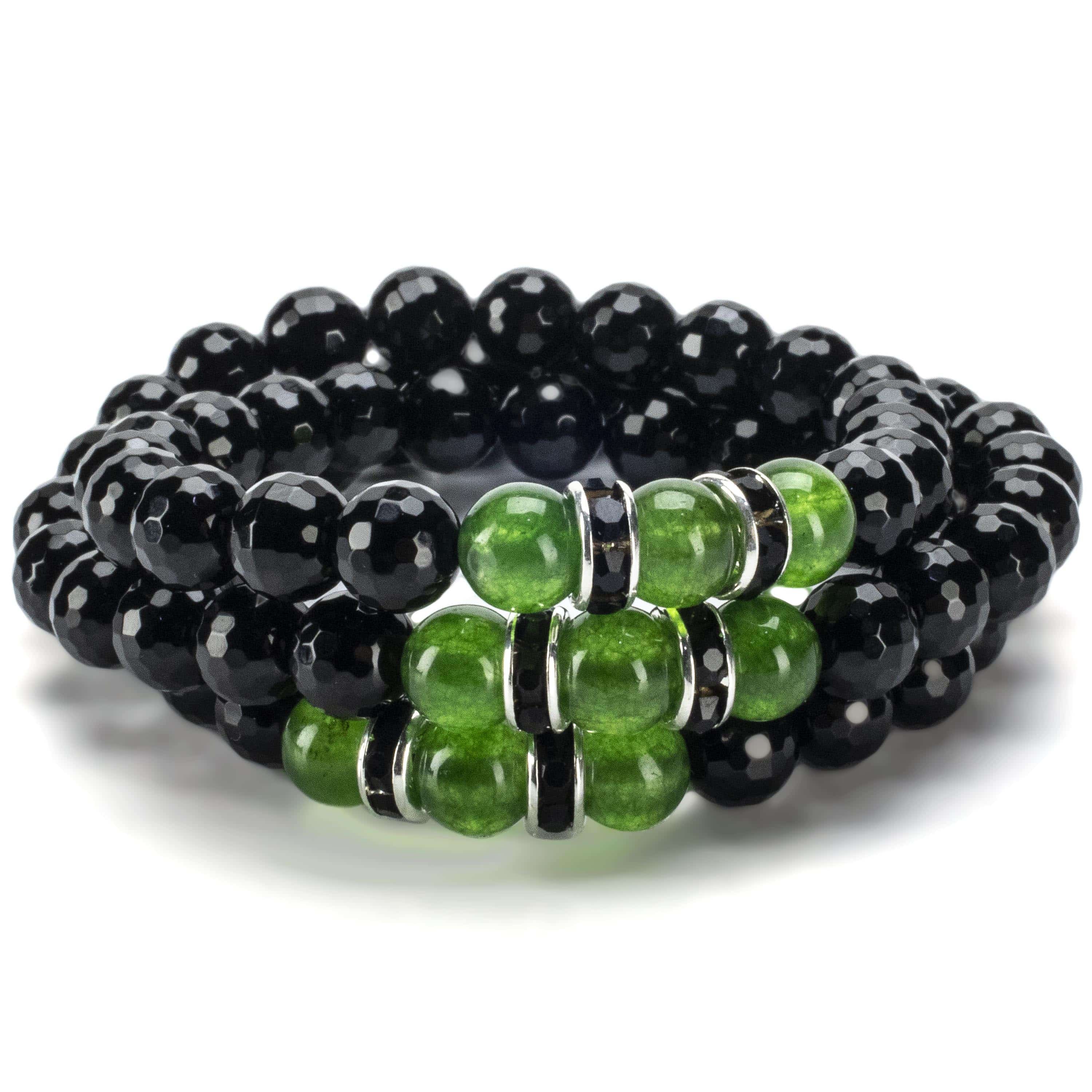 Kalifano Gemstone Bracelets Faceted Black Agate 8mm Beads with Aventurine and Black & Silver Accent Beads Triple Wrap Elastic Gemstone Bracelet WHITE-BGI3-070