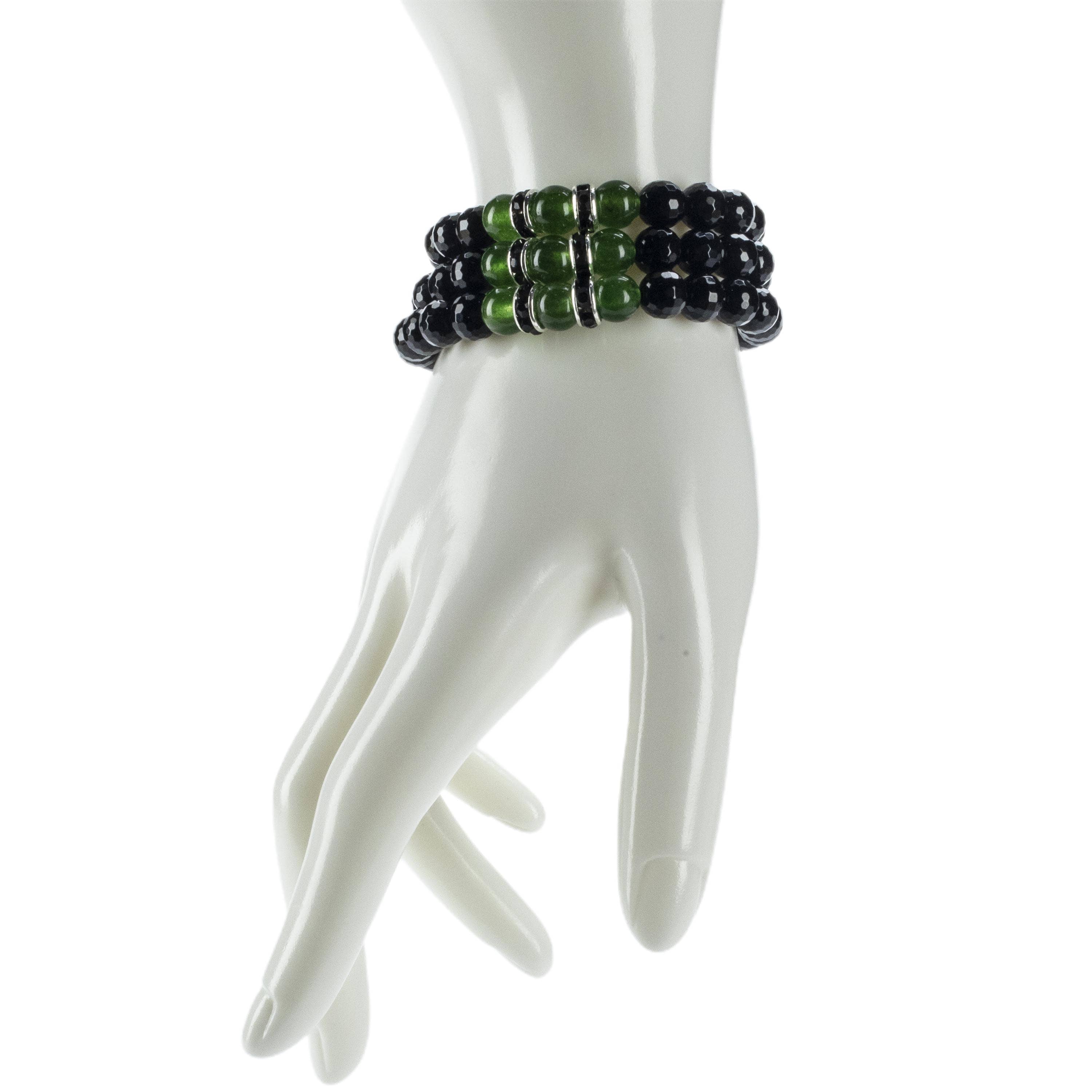 Kalifano Gemstone Bracelets Faceted Black Agate 8mm Beads with Aventurine and Black & Silver Accent Beads Triple Wrap Elastic Gemstone Bracelet WHITE-BGI3-070