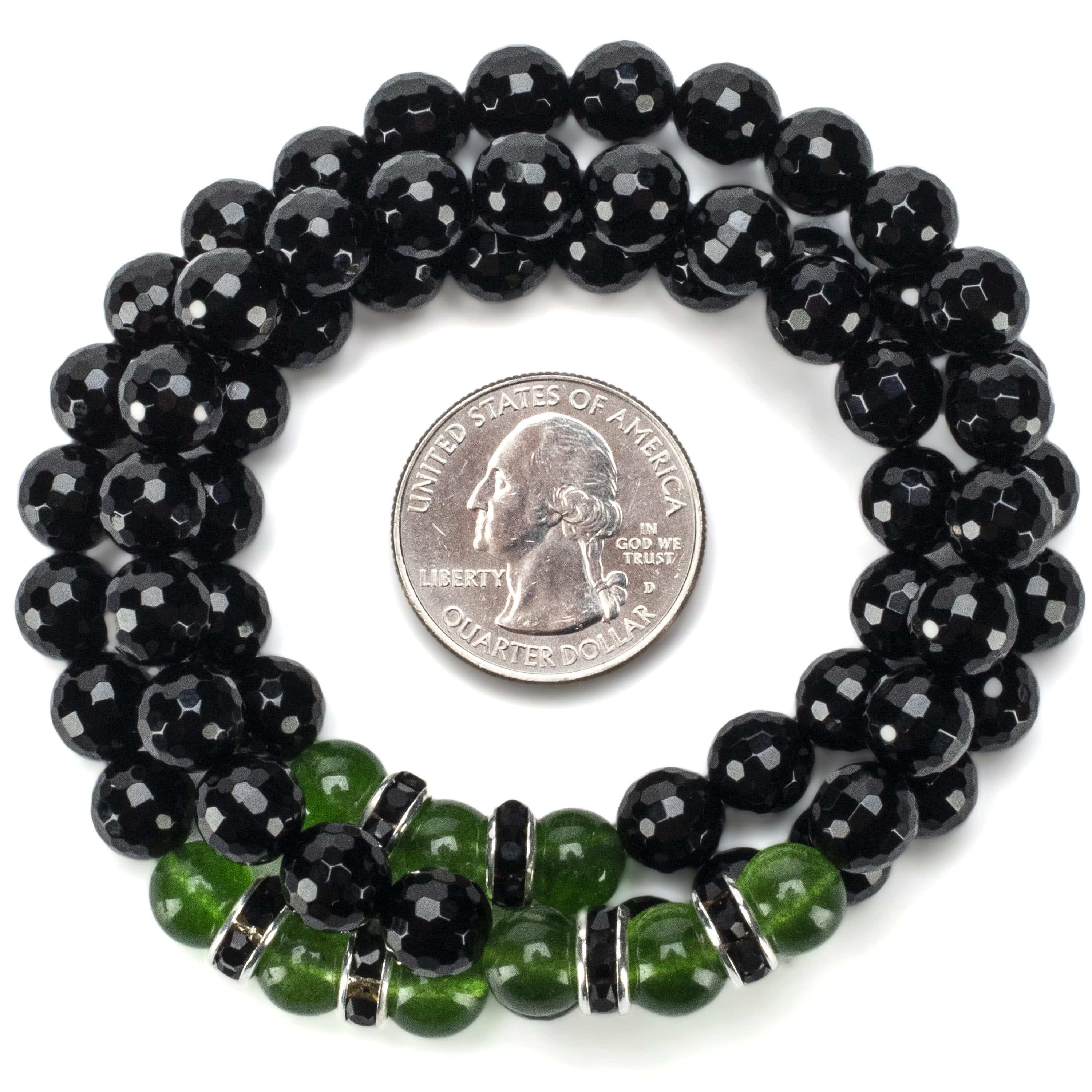 Kalifano Gemstone Bracelets Faceted Black Agate 8mm Beads with Aventurine and Black & Silver Accent Beads Triple Wrap Elastic Gemstone Bracelet WHITE-BGI3-070