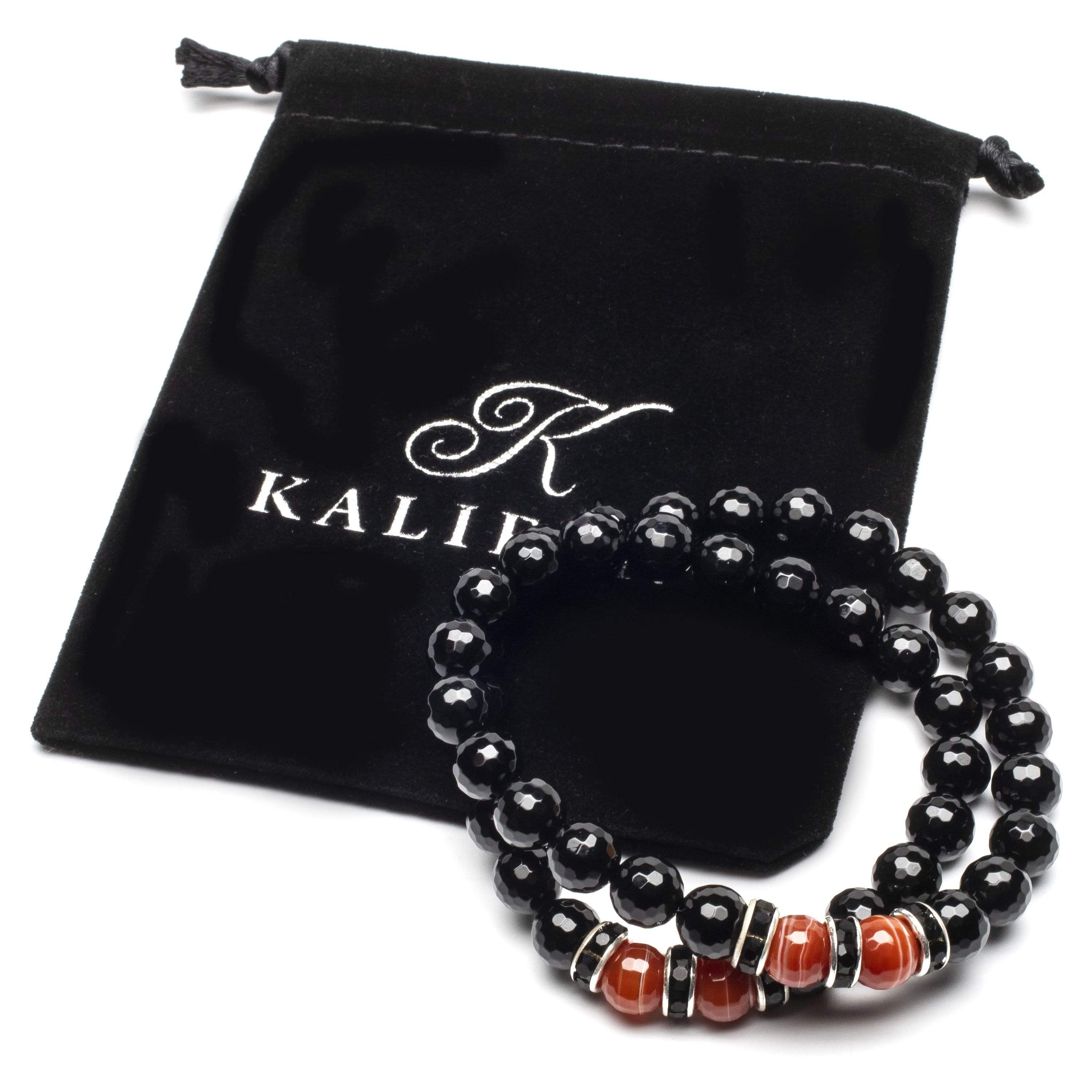 Kalifano Gemstone Bracelets Faceted Black Agate 8mm Beads with Carnelian and Black & Silver Accent Beads Double Wrap Elastic Gemstone Bracelet WHITE-BGI2-007