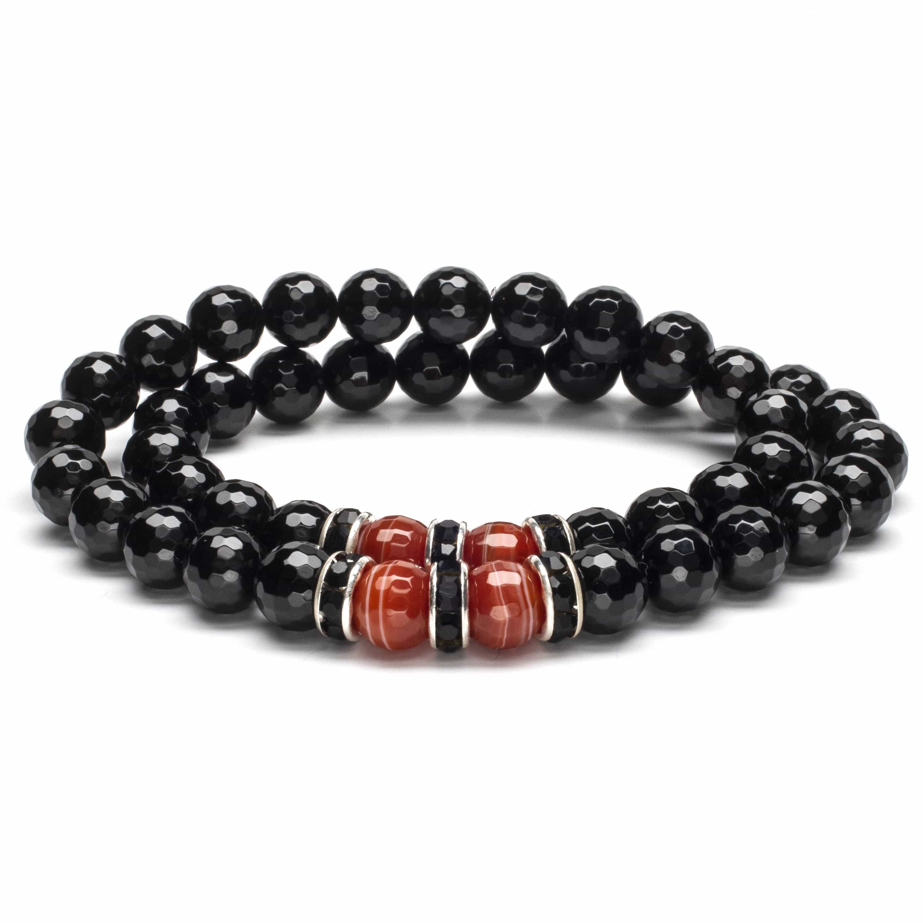 Kalifano Gemstone Bracelets Faceted Black Agate 8mm Beads with Carnelian and Black & Silver Accent Beads Double Wrap Elastic Gemstone Bracelet WHITE-BGI2-007