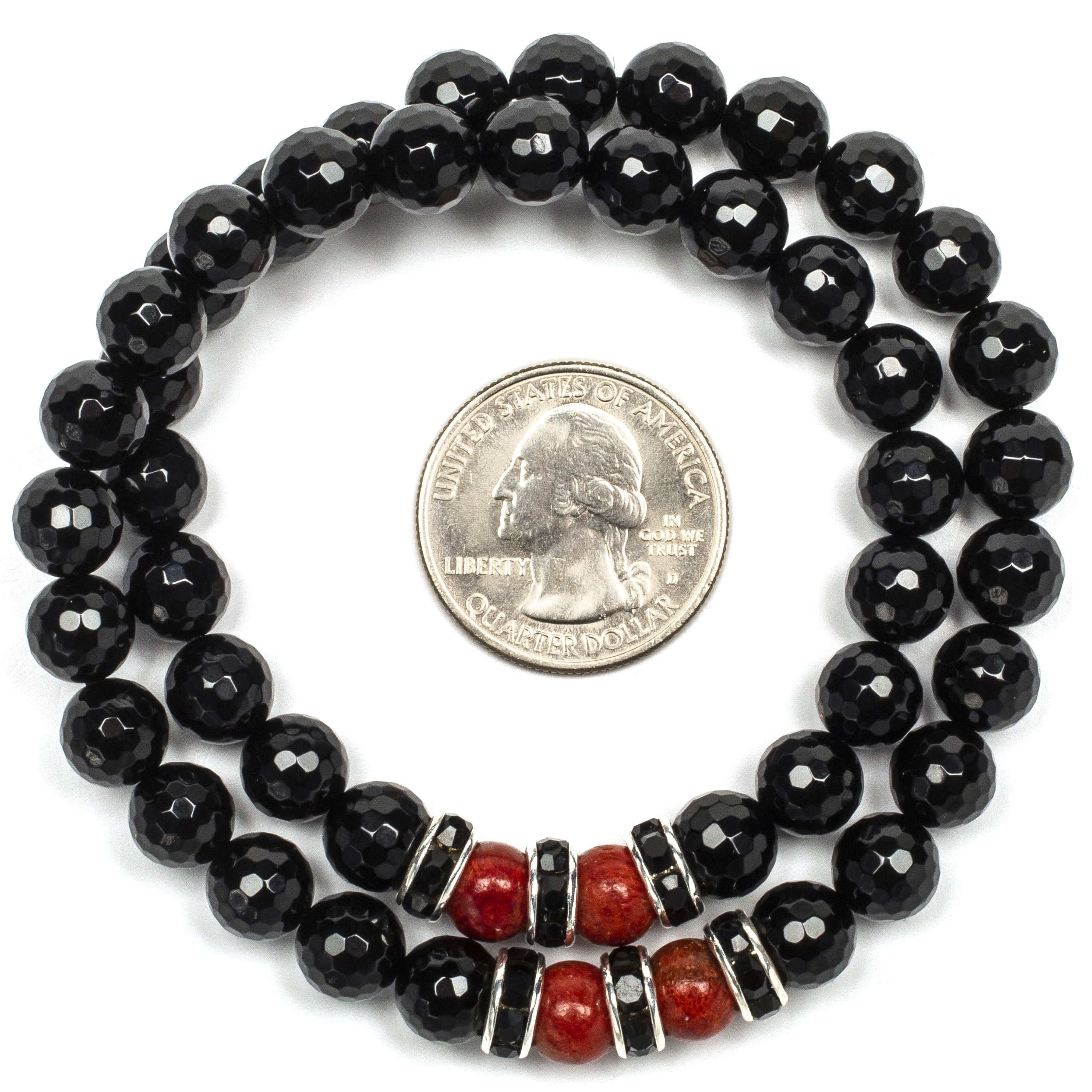 Kalifano Gemstone Bracelets Faceted Black Agate 8mm Beads with Carnelian and Black & Silver Accent Beads Double Wrap Elastic Gemstone Bracelet WHITE-BGI2-010