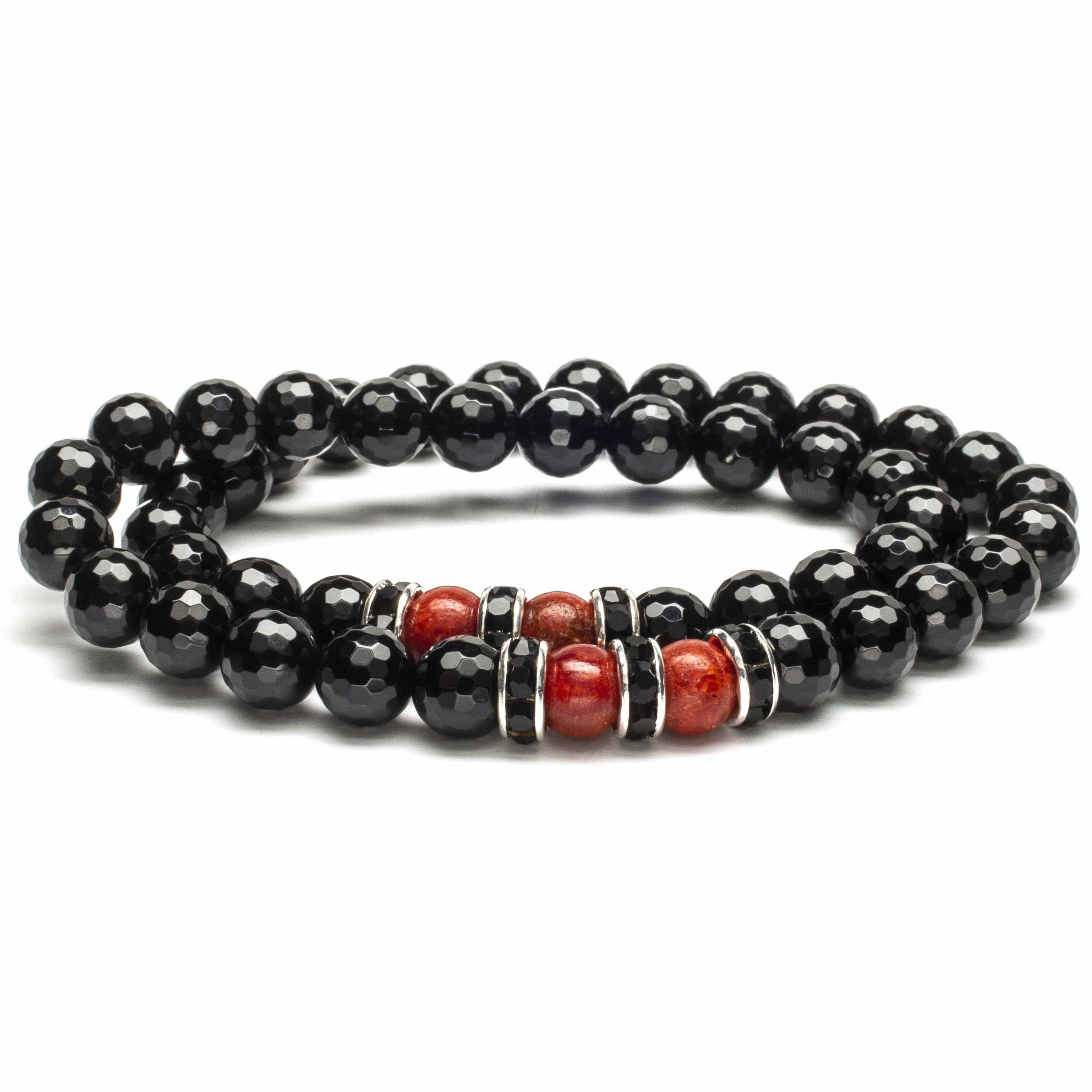 Kalifano Gemstone Bracelets Faceted Black Agate 8mm Beads with Carnelian and Black & Silver Accent Beads Double Wrap Elastic Gemstone Bracelet WHITE-BGI2-010