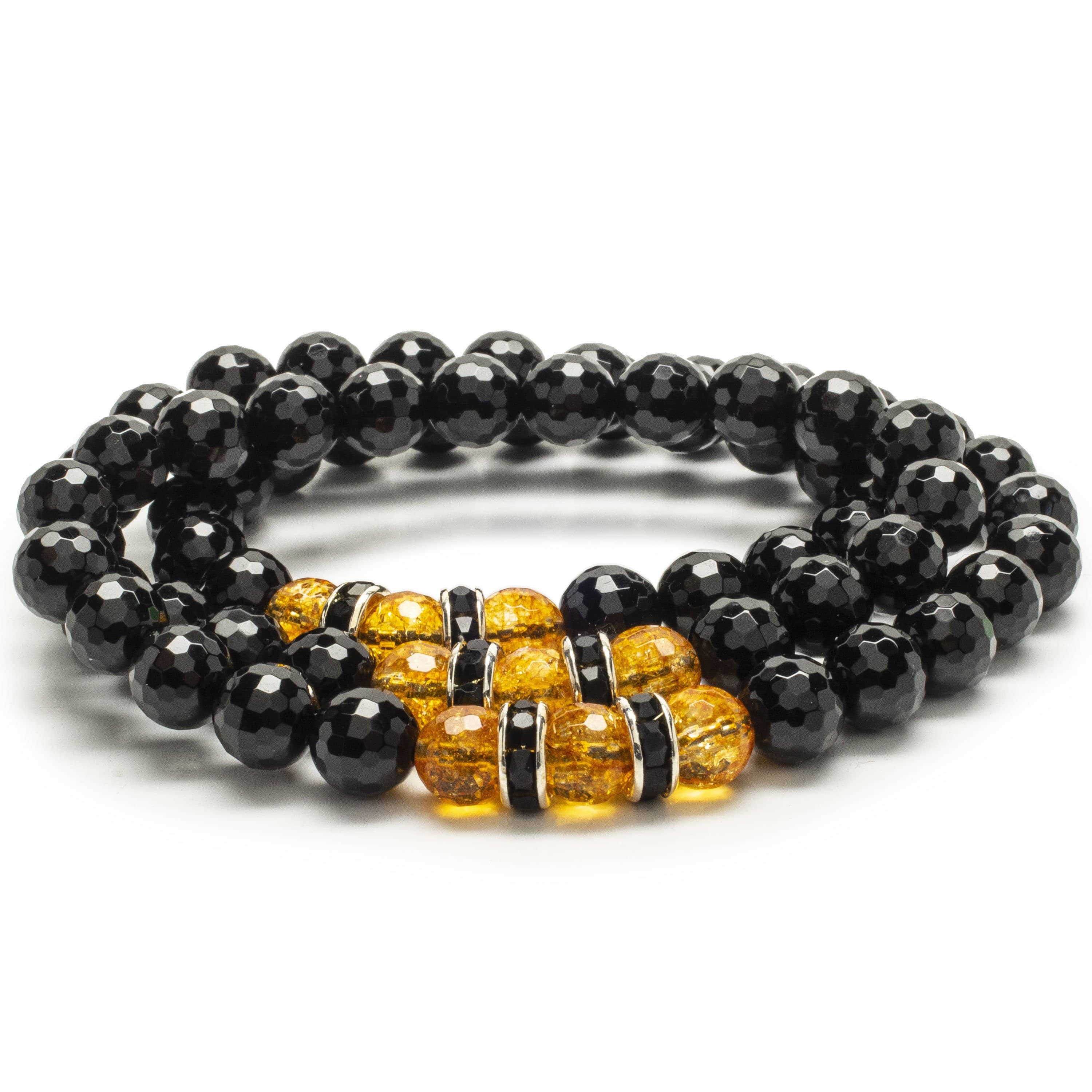 Kalifano Gemstone Bracelets Faceted Black Agate 8mm Beads with Citrine and Black & Silver Accent Beads Triple Wrap Elastic Gemstone Bracelet WHITE-BGI3-059