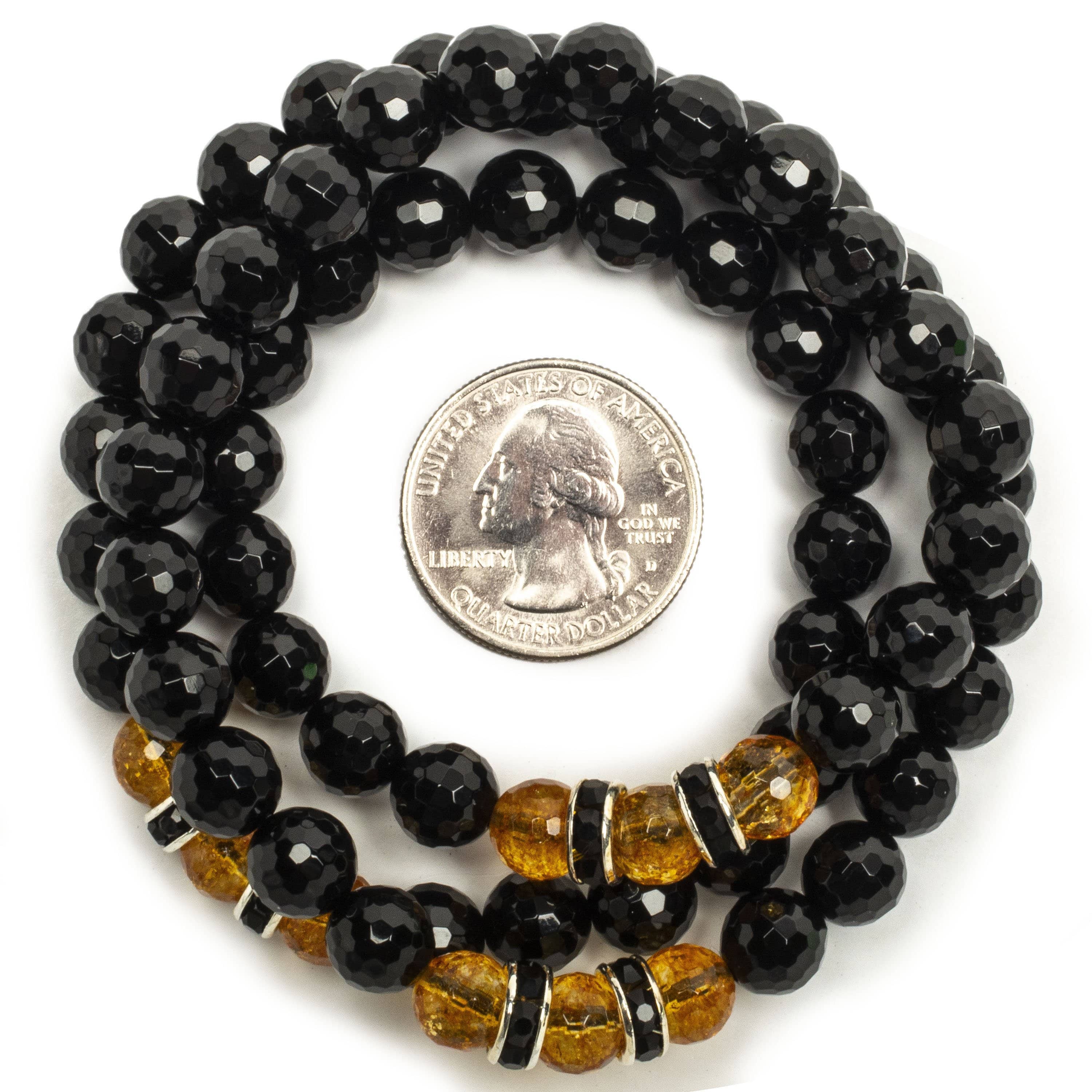 Kalifano Gemstone Bracelets Faceted Black Agate 8mm Beads with Citrine and Black & Silver Accent Beads Triple Wrap Elastic Gemstone Bracelet WHITE-BGI3-059