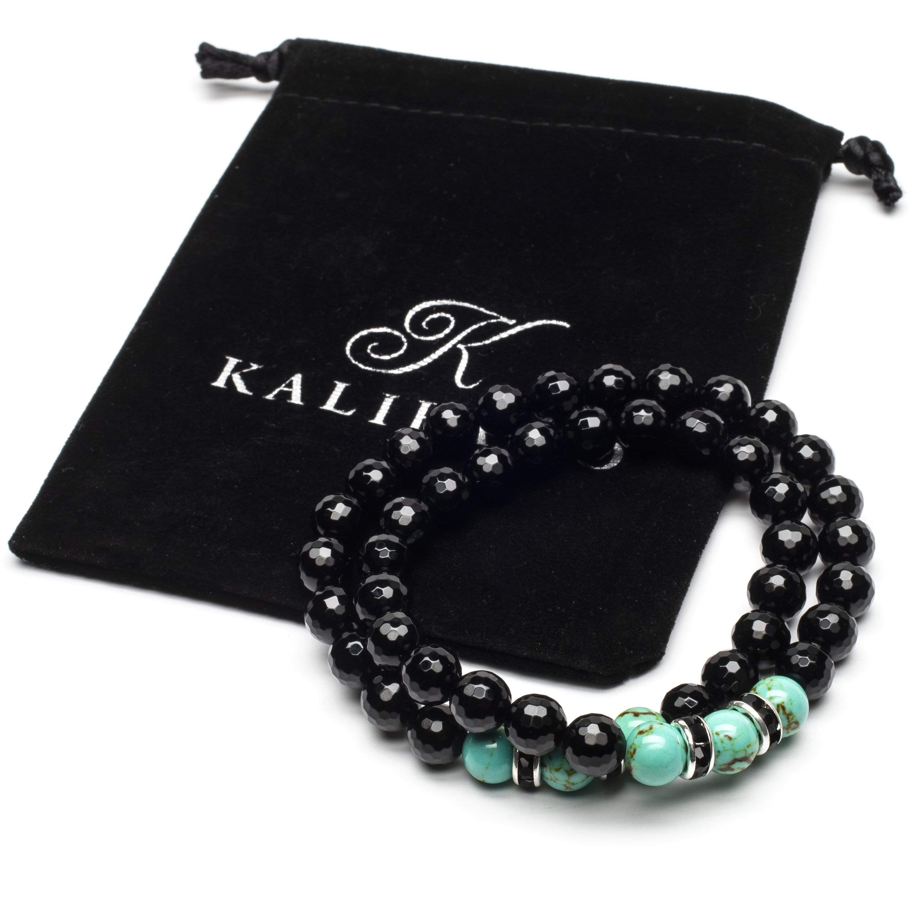 Kalifano Gemstone Bracelets Faceted Black Agate 8mm Beads  with Howlite Turquoise and Black and Silver Accent Beads Double Wrap Elastic Gemstone Bracelet WHITE-BGI2-038